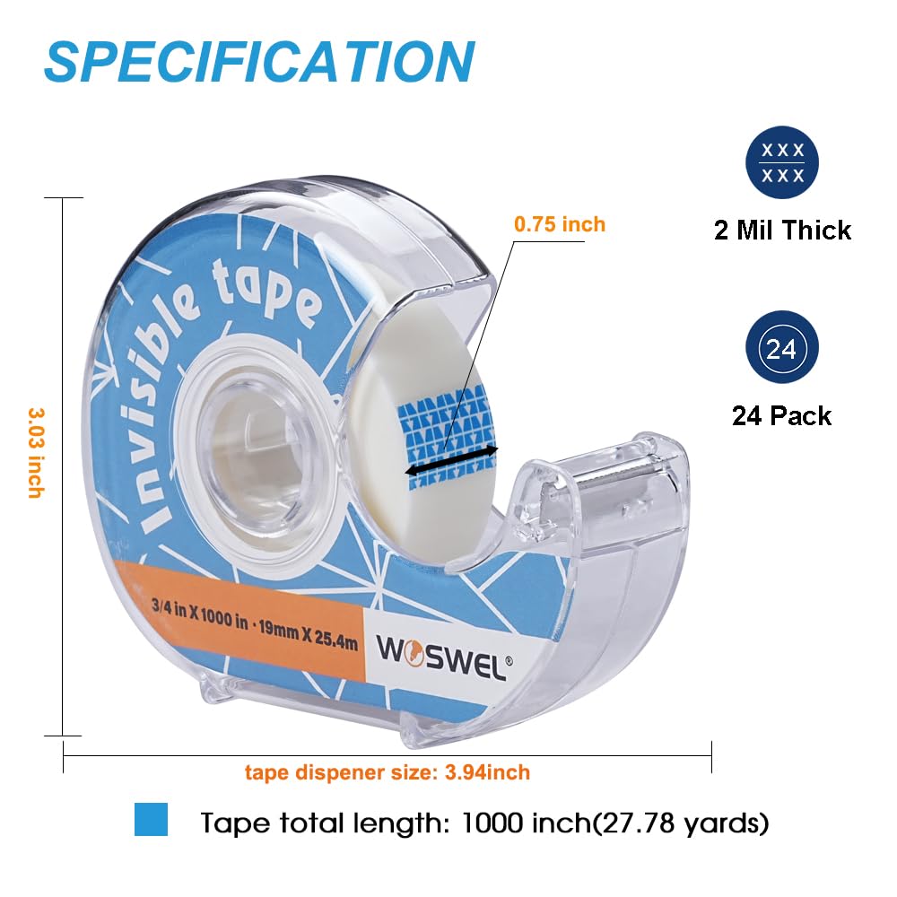 WOSWEL Tape Refills with Dispenser, 24 Roll Invisible Tapes, 3/4 Inch X 1000 in, Gift Wrapping Tapes Supplier for Home School Office Use