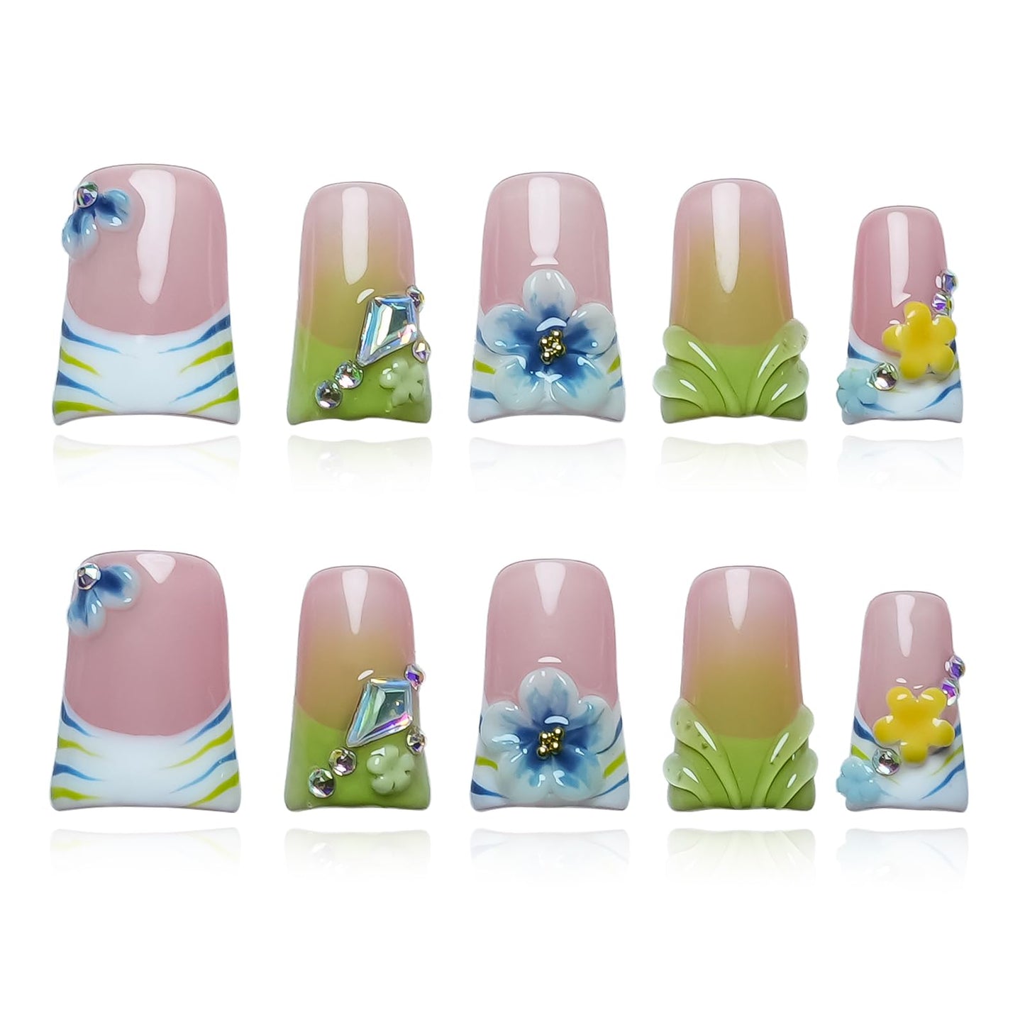 Tesytto 10Pcs Handmade Press on Nails Short Duck Nails Press ons Green French Tip with 3D Floral Rhinestone Design Stick on Nails for Women Nails Art (Whisper in Blush & Mints,S)