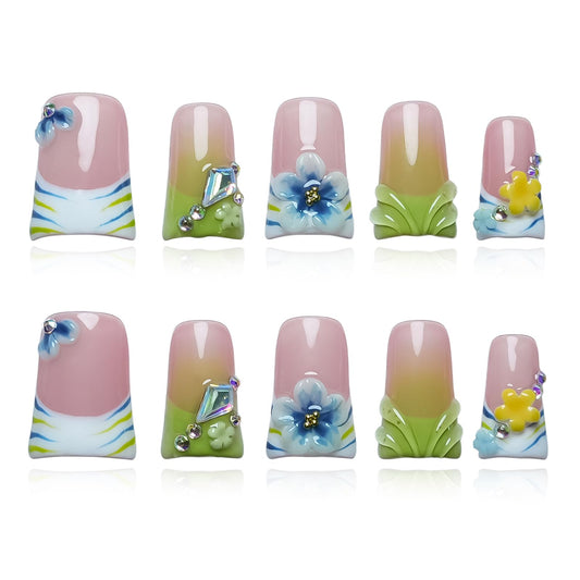 Tesytto 10Pcs Handmade Press on Nails Short Duck Nails Press ons Green French Tip with 3D Floral Rhinestone Design Stick on Nails for Women Nails Art (Whisper in Blush & Mints,S)