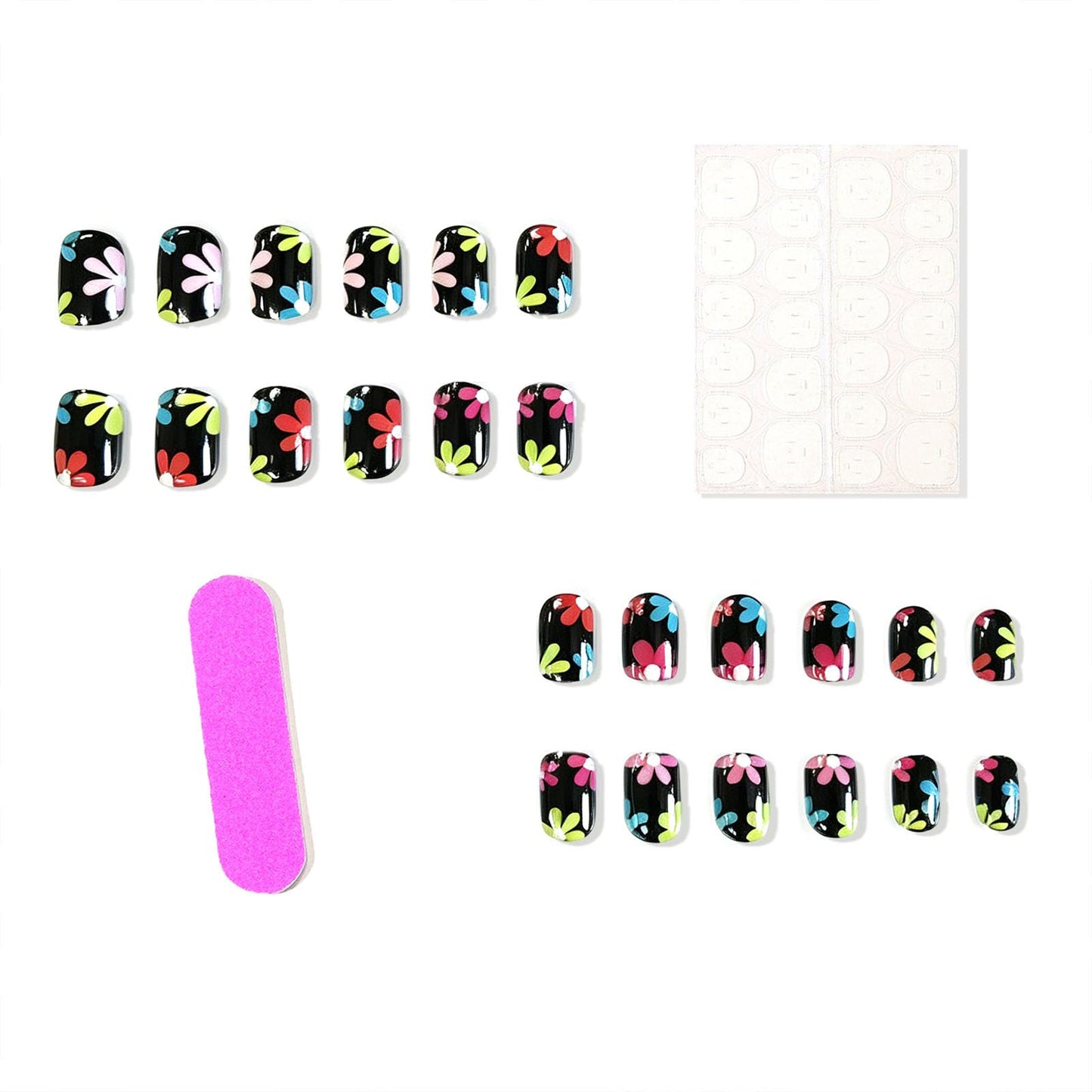 Spring Press on Nails Short Square False Nails Press ons Black Acrylic Glue on Nail with Colorful Flowers Design, Black Full Cover Set Artificial Cute Manicure Stickers for Women 24Pcs