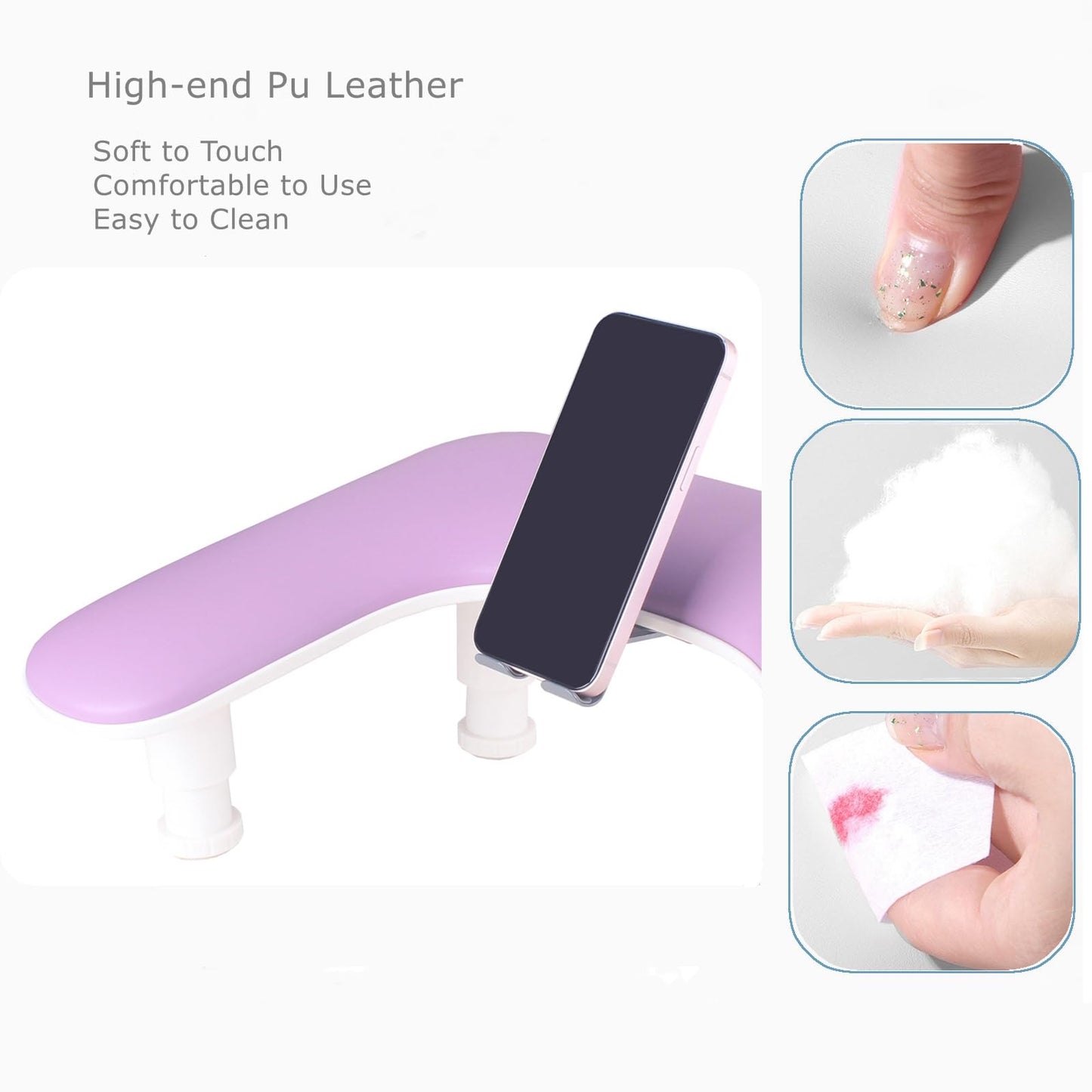 Arm Rest for Nails Tech with Rotating Phone Holder, MZCMSL U - Shaped Adjustable Manicure Hand Rest Stand (Purple)