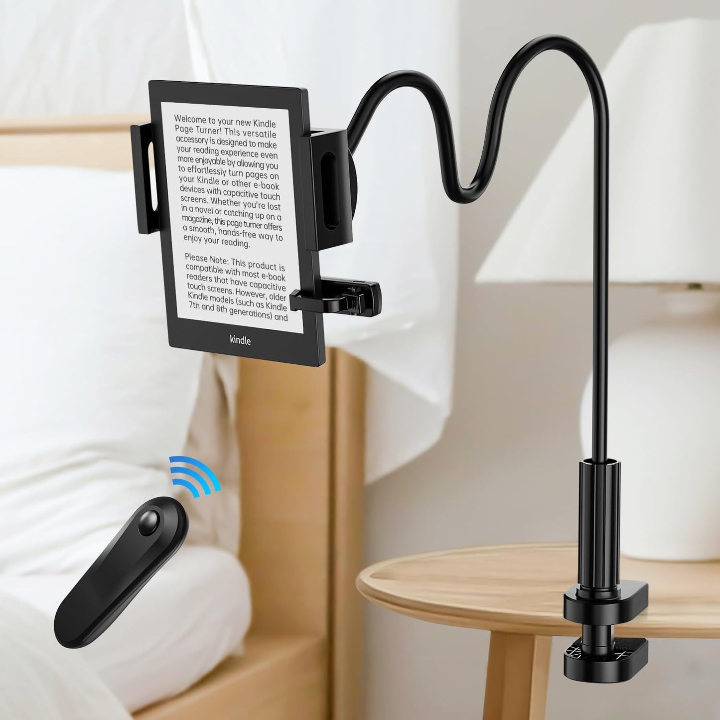 Kindle Holder with Remote Page Turner, Kindle Stand for Bed Reading, No Text Blocked 6mm Clip, No Margin Adjustments, Whisper-Quiet Page Turns, Fits 4.7-10" Devices (Paperwhite/Oasis, iPad/iPhone)