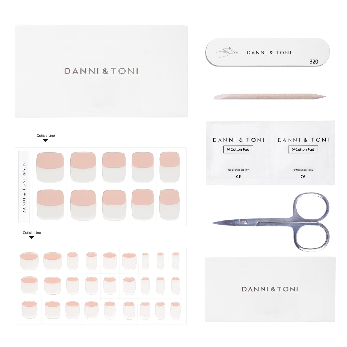 DANNI & TONI Semi Cured Gel Toenail Strips French (Happy-Go-Lucky) Nude with White Tips Gel Pedi 37 Stickers