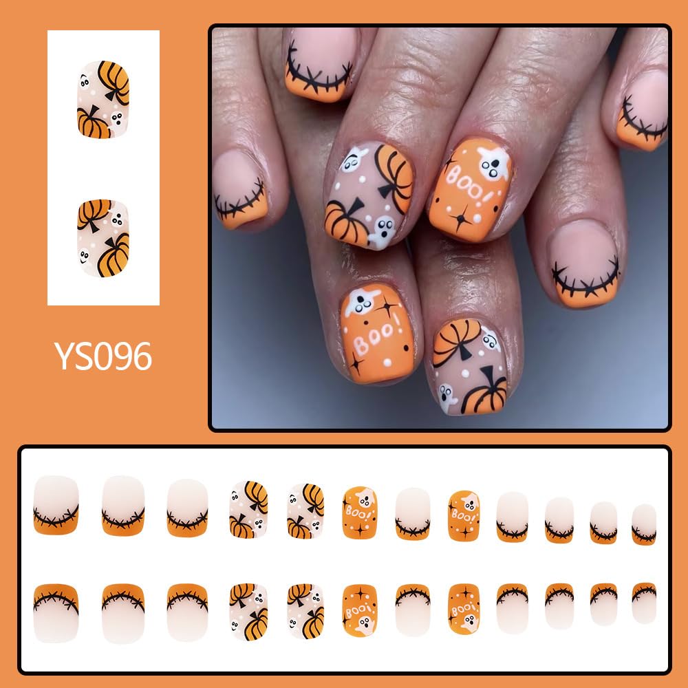 Halloween Press on Nails Short Square Fake Nails Orange Matte Acrylic Nail with Pumpkin Ghost Designs Glue on Nails French Tips False Nail Stick on Nail for Women 24Pcs