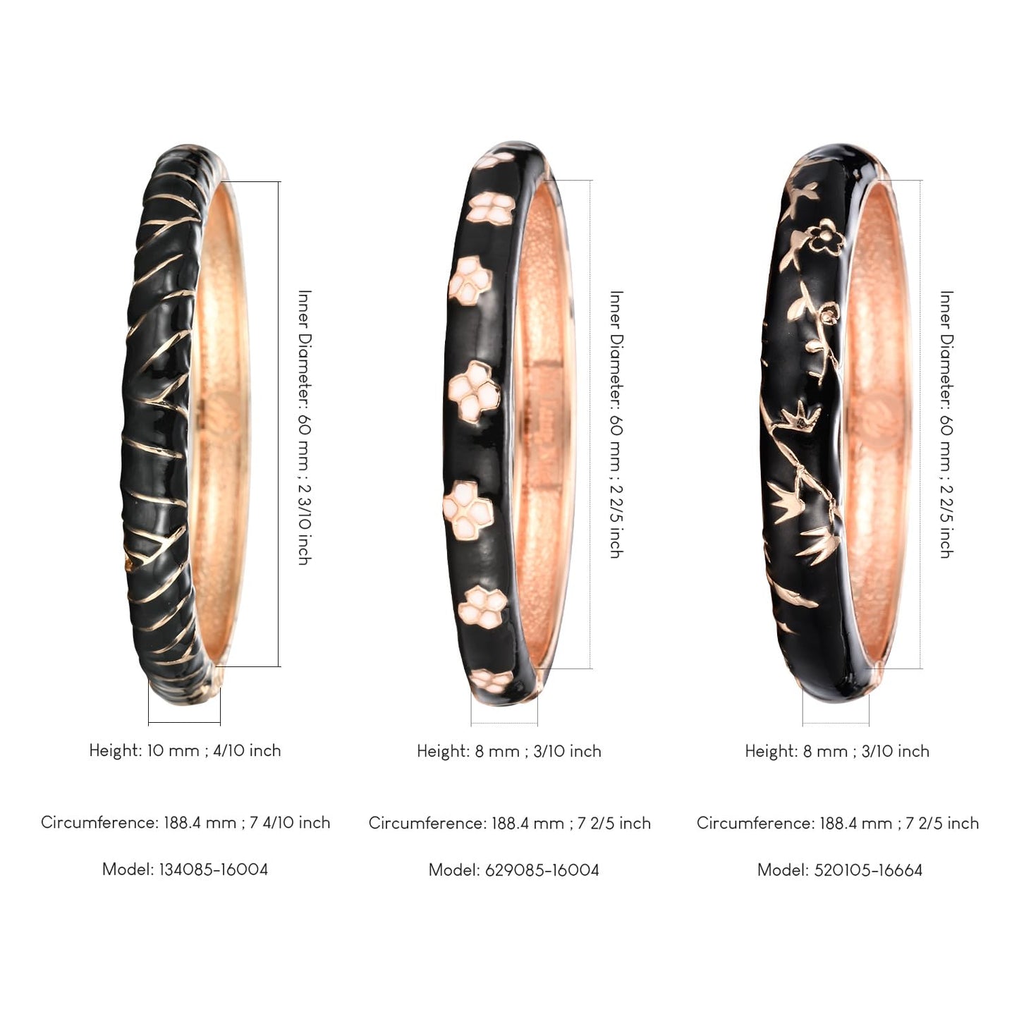 UJOY Womens Multi-Colors Cloisonne Bracelet Gold Plated Flower Enameled Hinged Cuff Bangles Jewelry Gift 55A-3pcs Black