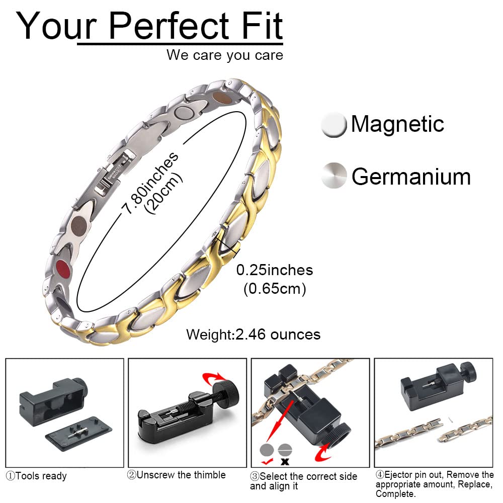 38 Elegant Titanium Magnetic Bracelet for Women Germanium and Magnetic Functions with Free Link Removal Tool Christmas gift (Silver&Gold)