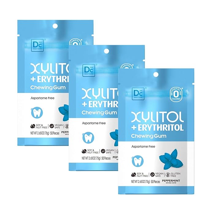 DC24 DAILY CARE Gum, Aspartame Free & Sugar Free Gum, Xylitol Chewing Gum with Erythritol, Low-Calorie, Sugarless, Natural Peppermint, 50 Pieces (Pack of 3)