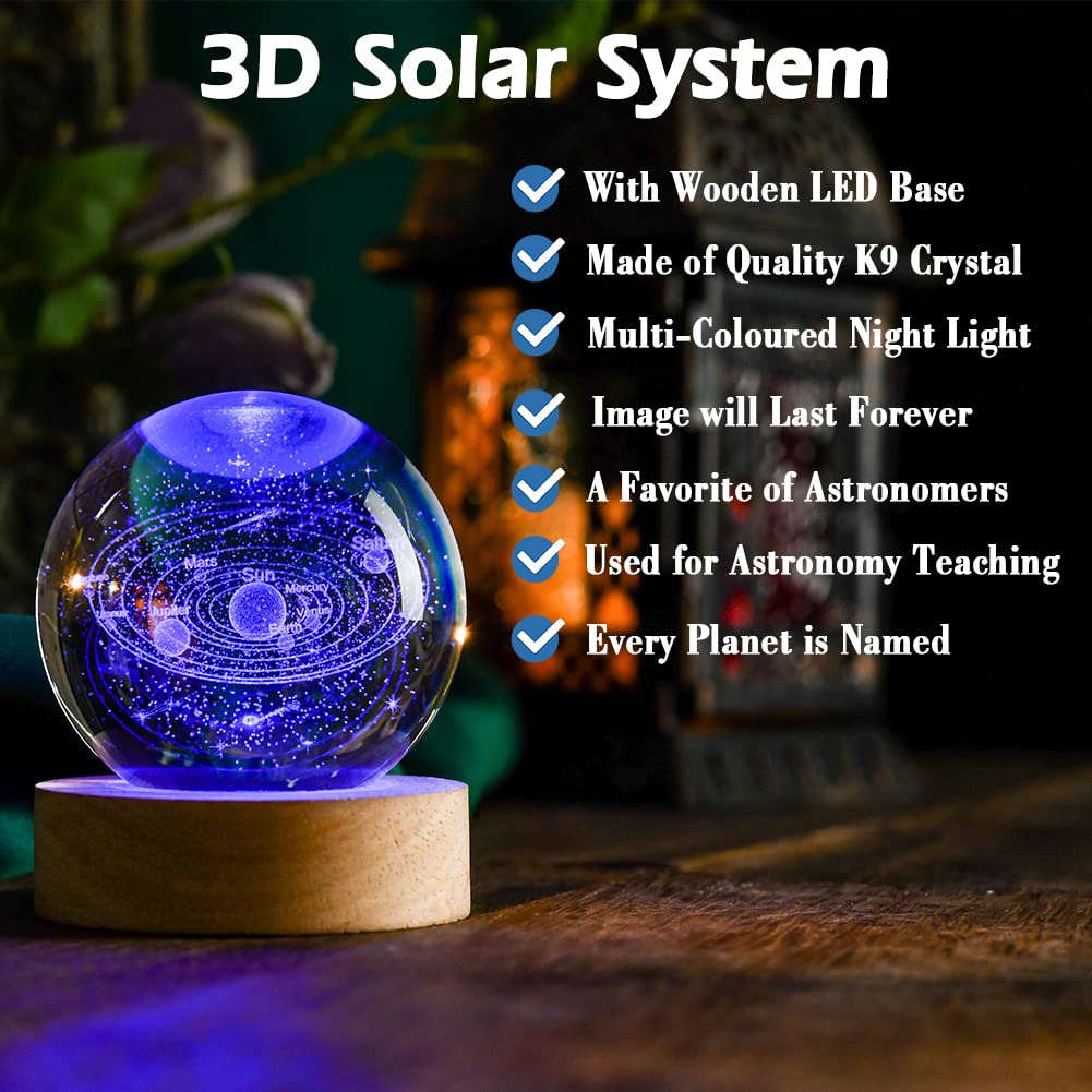 3D Solar System Crystal Ball 60mm Universe Gifts with Laser Engraved Model Astronomy Decor and Gift for Kids, Physics Enthusiasts, and Space Model Collectors