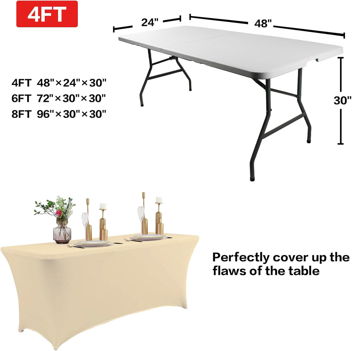 IVAPUPU 4FT Table Cloth for Rectangular Fitted Events Stretch Champagne Table Covers Washable Cover Spandex Tablecloth Protector for Party, Wedding, Cocktail, Banquet, Festival