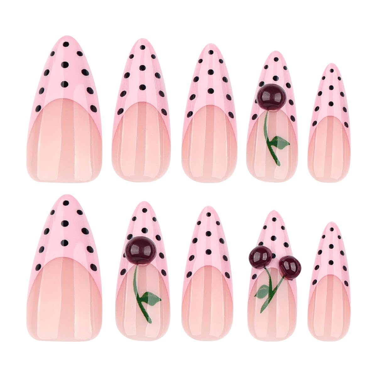 Pink French Press on Nails Almond, Long Fake Nails Black Polka Dot Nails Press ons with 3D Cherry Design,Acrylic Full Cover Glue on Nails, Spring Summer Cute Nail for Women Manicure Kit 24Pcs