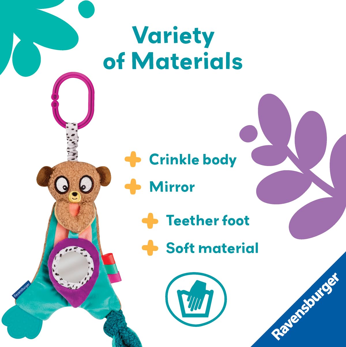 Ravensburger Play+ Crinkle & Chew - Meerkat | Soft Plush with Teething Edge | Multisensory Details | Fine Motor Fun