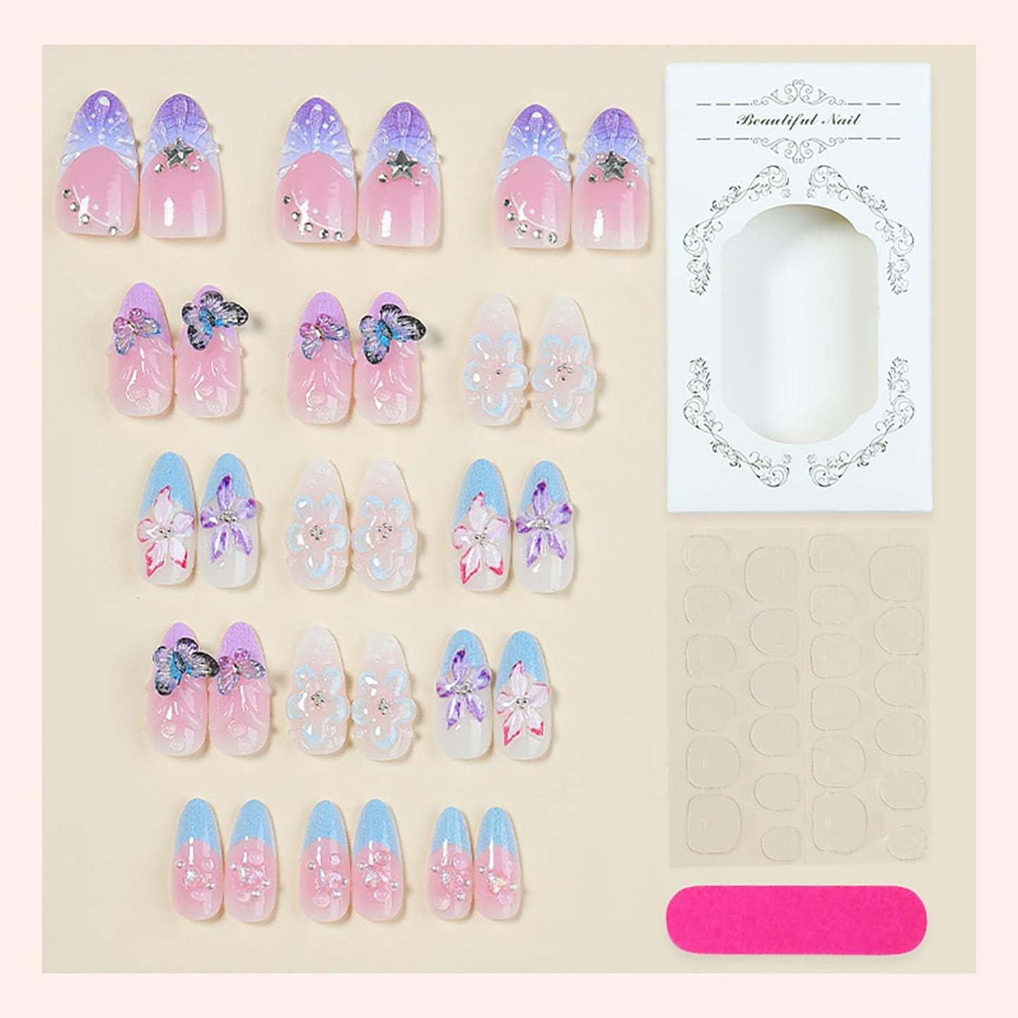 3D Flower Press on Nails Medium Almond Fake Nails with Butterfly Designs Blue French Tip False Nail Spring Summer Floral Stick on Nail for Women 30 Pcs