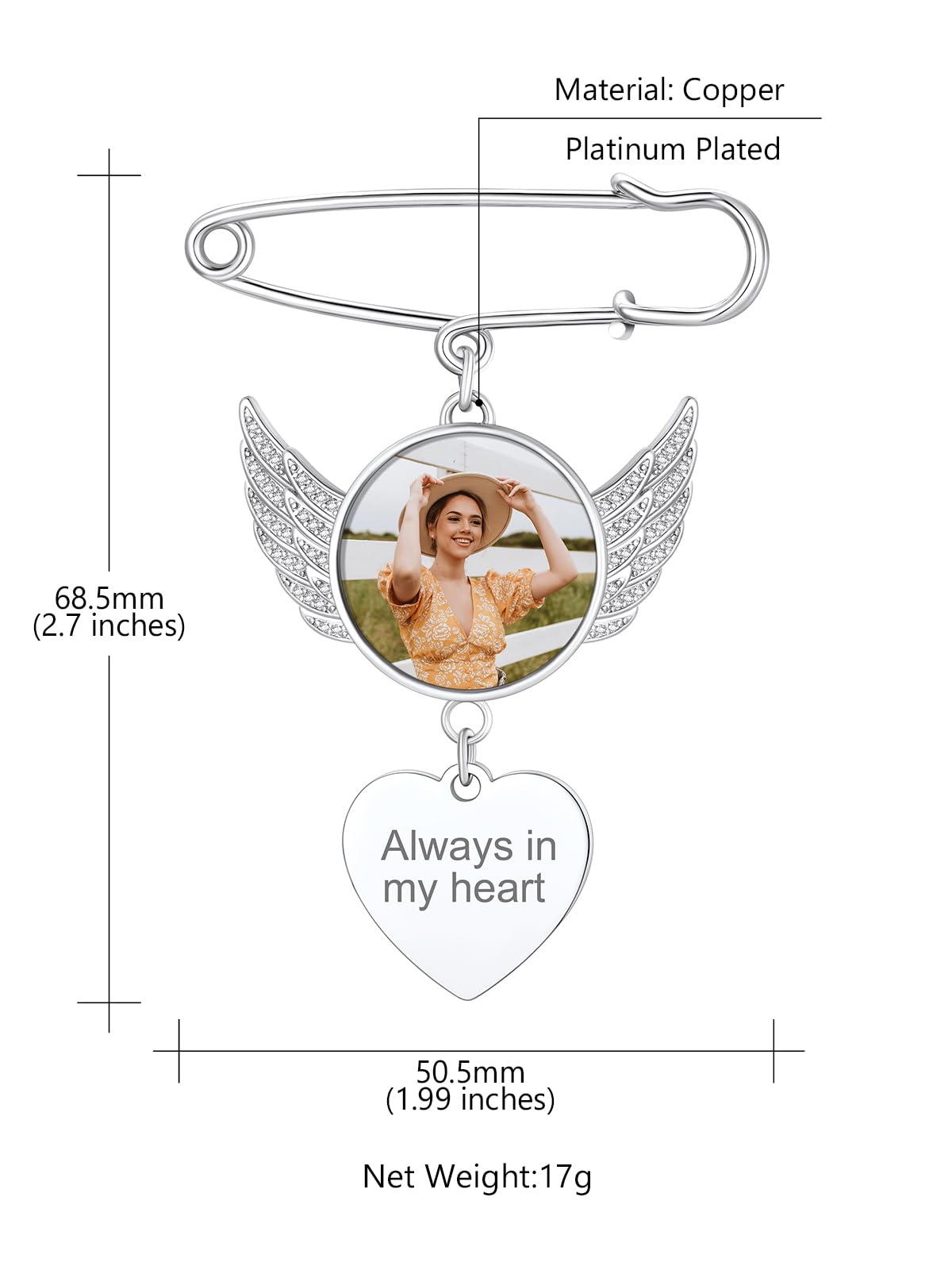 Custom4U Wedding Flower Charms Photo Customize Heart Shaped with CZs for Graduation Funeral