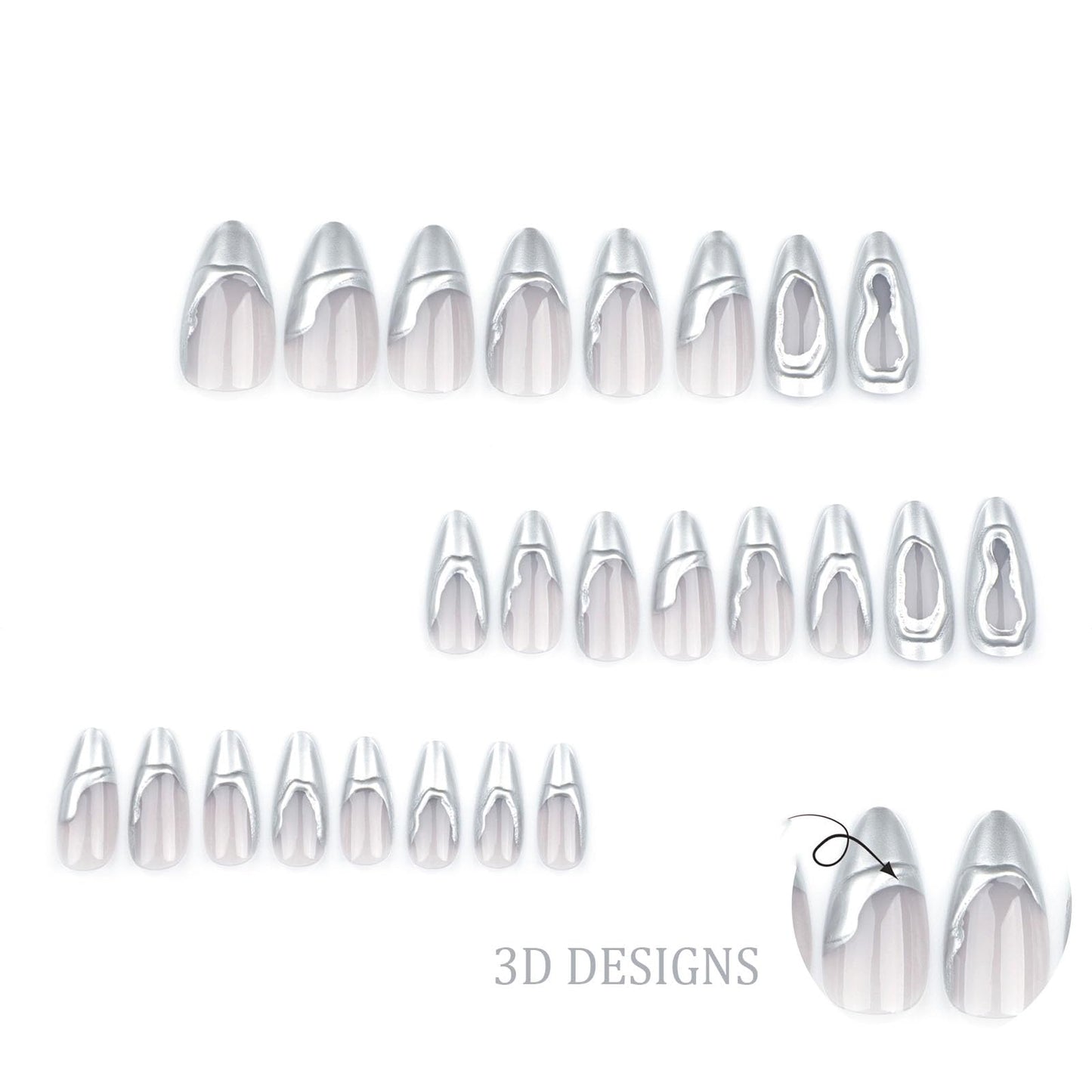 IMRAIN Silver Press on Nails Medium Almond Fake Nails 3D French Tips False Nails Full Cover Glossy Glue on Nails for Women Girl 24Pcs