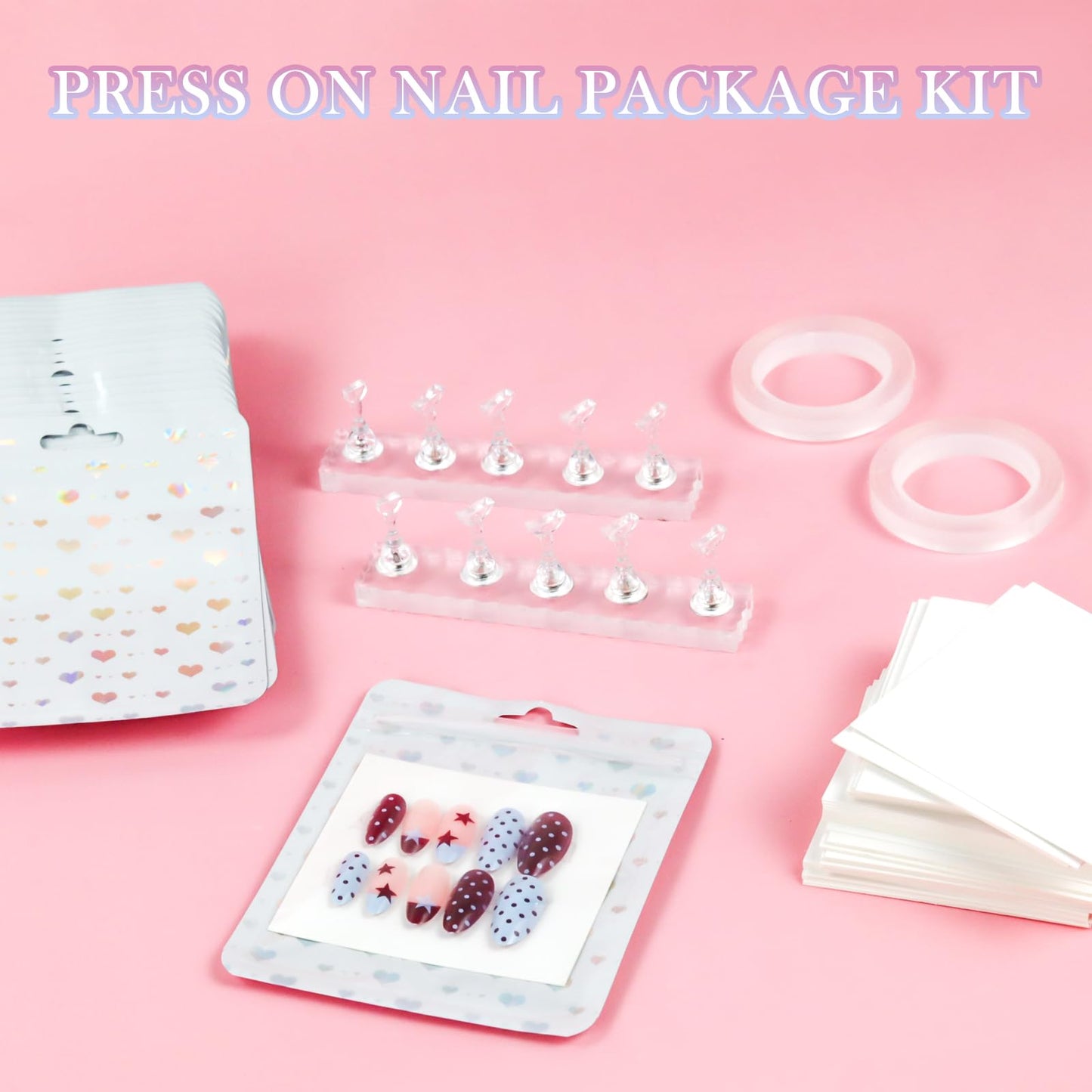 ESUOHYM 50 PCS Nails Packaging Bags with Nail Stand for Fake Nail, Holographic Press On Nail Storage Container Nail Art Kit for Diy Design,Nail Cardboards with 2 Double-sided Tape Salon Home White