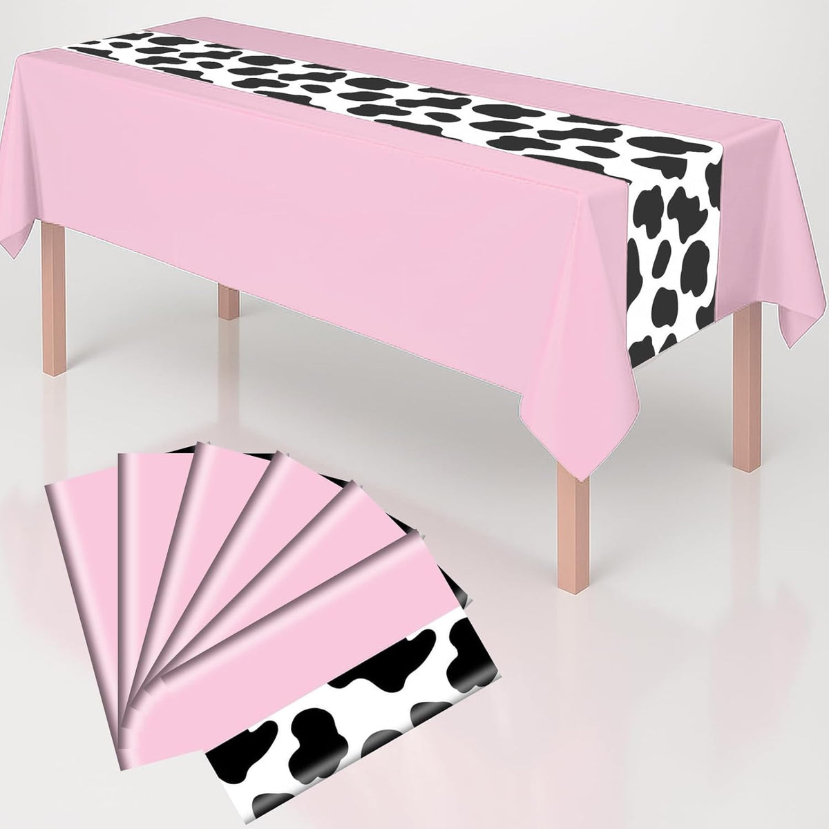 6 Pack 108 x 54 Inch Cow Print Tablecloth Cow Plastic Table Cover Birthday Party Table Cloth Disposable Plastic Farm Animal Party Cover for Disco Cowgirl Decorations Supplies Pink