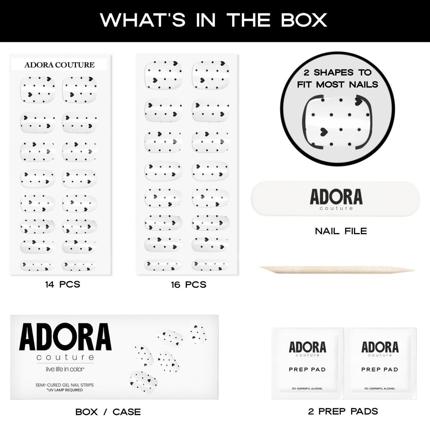Adora Couture Semi Cured Gel Nail Strips with 30 Pieces - UV Gel Stickers, Manicure Kit, Easy Application Wraps Includes Prep Pads, Nail File, Wooden Stick - UV Light Required (Dot de Luxe)