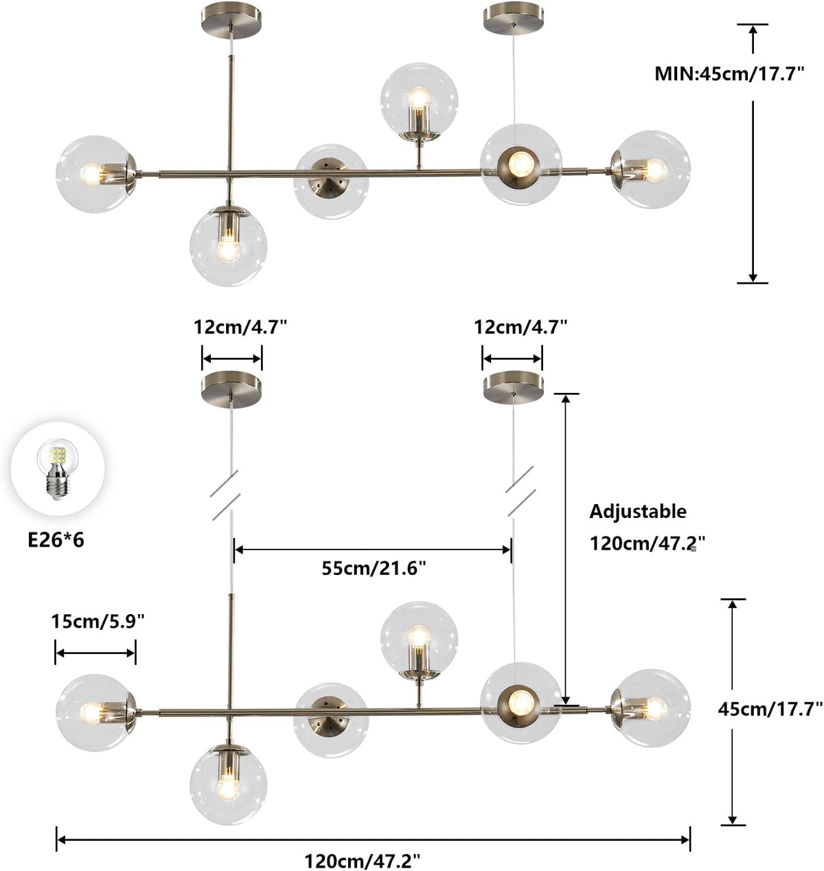 KCO Lighting 6 Light Bubble Glass Pendant Light Mid Century Modern Globe Sputnik Chandelier Linear Chandelier Lighting Brushed Nickel Hanging Light Fixture for Kitchen Island Dining Room