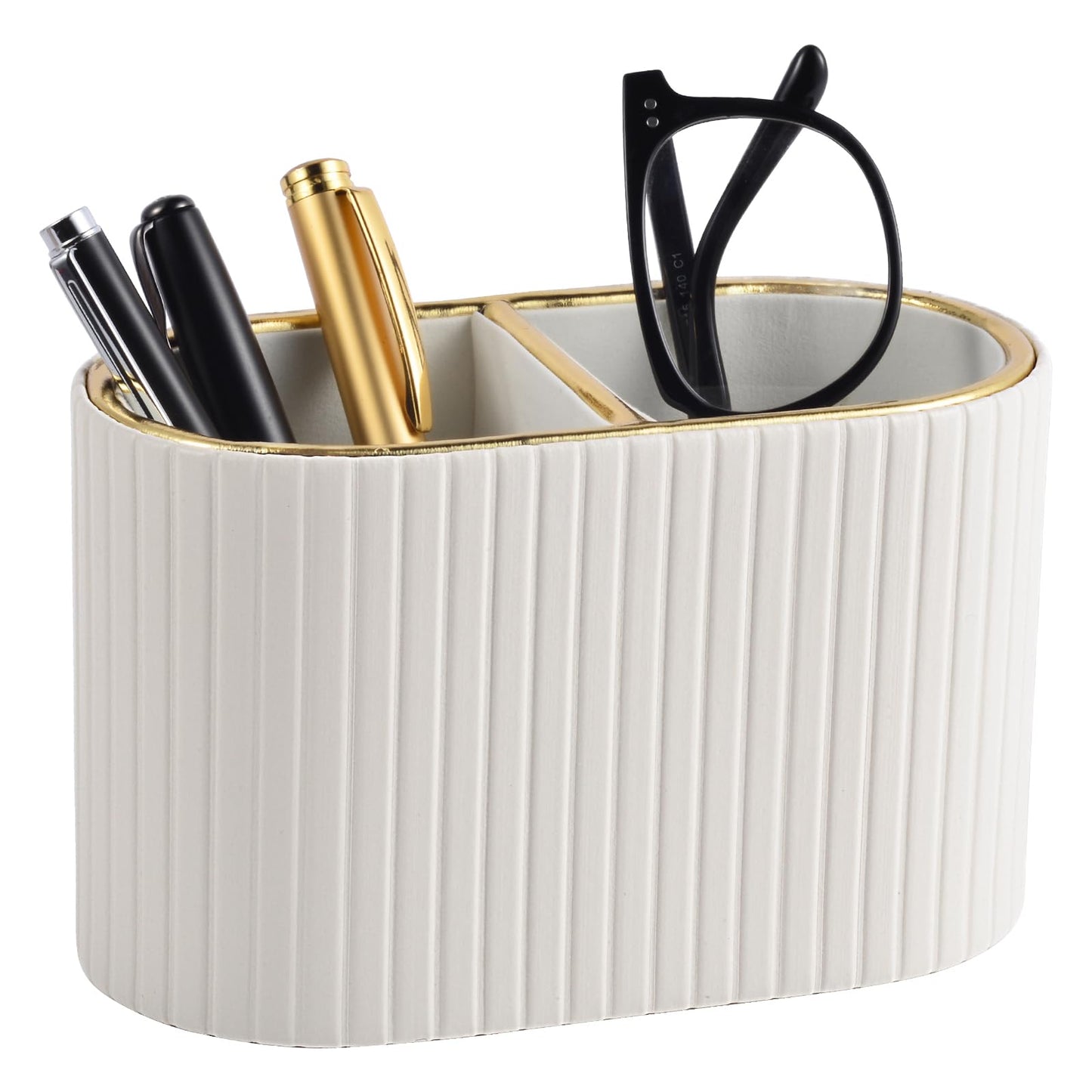 XNONE PU Leather Desk Organizer,Pen Holder,Small Remote Control Holder Pencil Cup Multifunctional Nightstand Organizer Caddy for Home School Office Desk Accessories,2 Compartments (Cream White)
