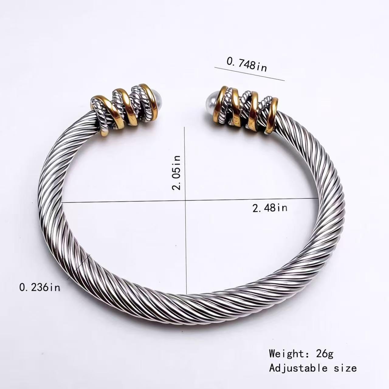 Twisted Cable Open Cuff Bangle Bracelets for Women, Gold Plated Jewelry with Composite Shell Pearl, Adjustable Stainless Steel Bangle for Timeless Elegance