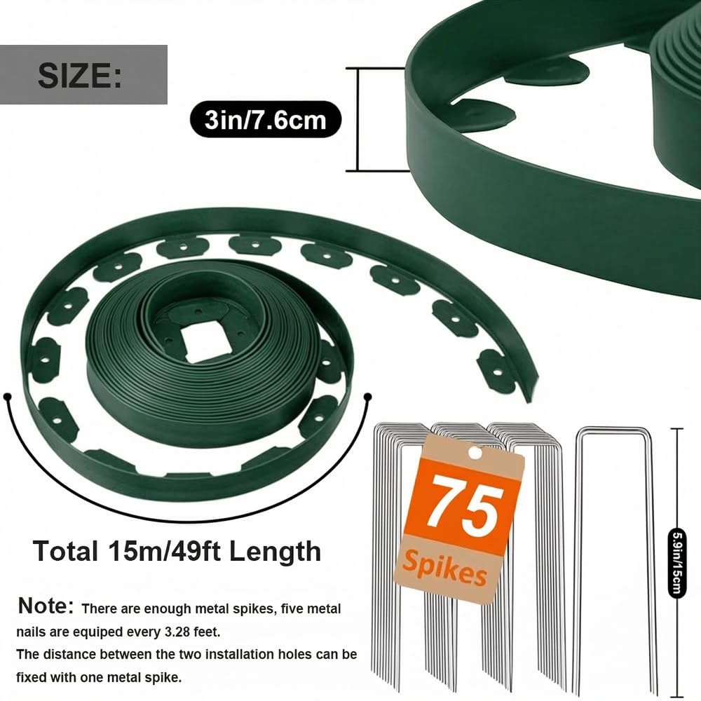 Landscape Edging, 3IN Tall Garden Edging Borders,Flexible Lawn Edging Border Kit,Mini Plastic Fence for Yard Flowerbeds,Grass (Green, 3 in x 49 FT)
