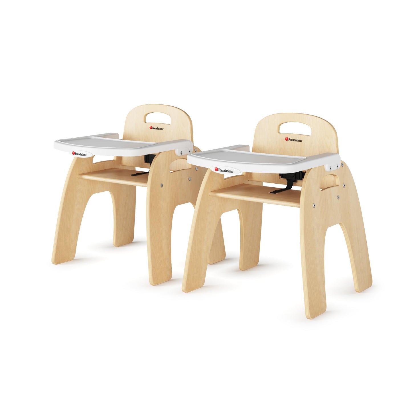 Foundations Easy Serve Low Wood Feeding Chairs Multipack, Adjustable Harness, Removable Dishwasher Safe Tray, No-Tip Base, Stackable Toddler Chairs, 2 Pack, 13 inch