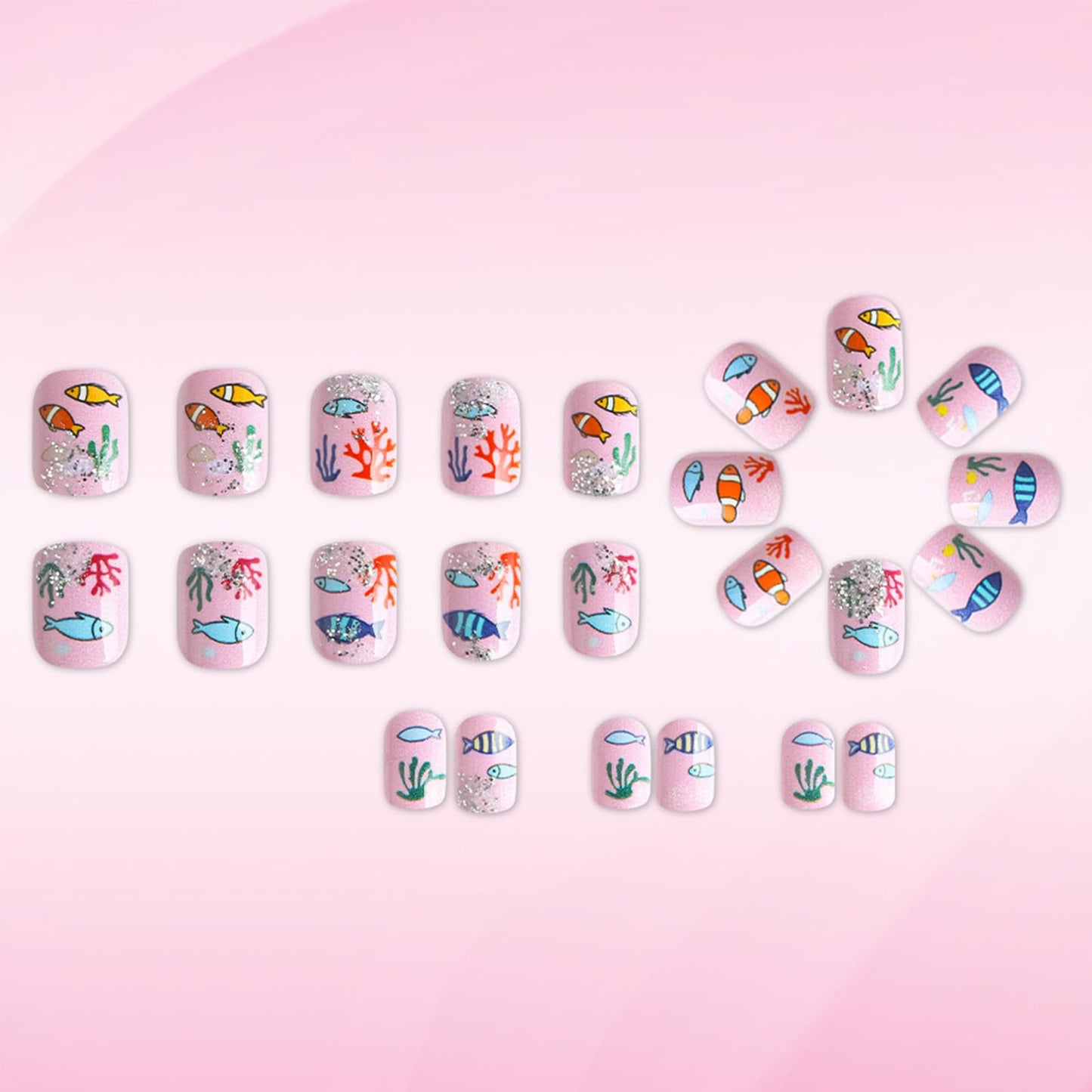 Spring Summer Press on Nails Short Square Fake Nails Pink False Nails with Sea Fish Coral Designs Glossy Glitter Stick on Nail Reusable Artificial Glue on Nails for Women Manicure 24Pcs