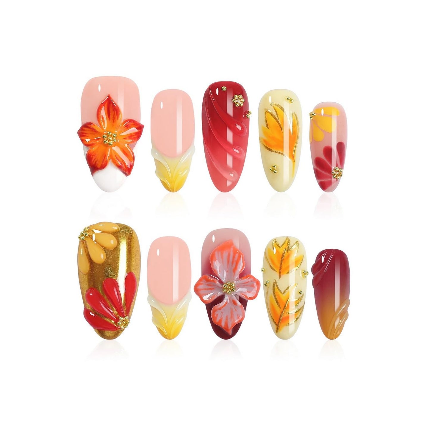 Handmade Press on Nails French Medium Almond Fake Nails with 3D Flower Pink Red Gradient Design Gold Maple Leaf False Nails for Girls Manicure Art Decoration Accessories (Size M)