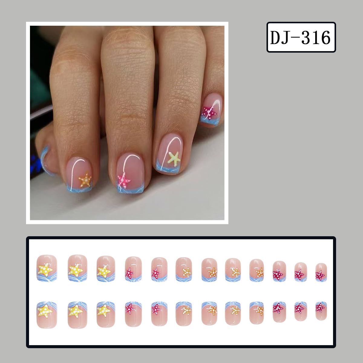Summer Press on Nails Short Square Fake Nails Beach French Tip Nails Press ons with Starfish Design Full Cover Stick on Nails for Women Manicure,Artificial | Reusable | Easy Apply | 24Pcs