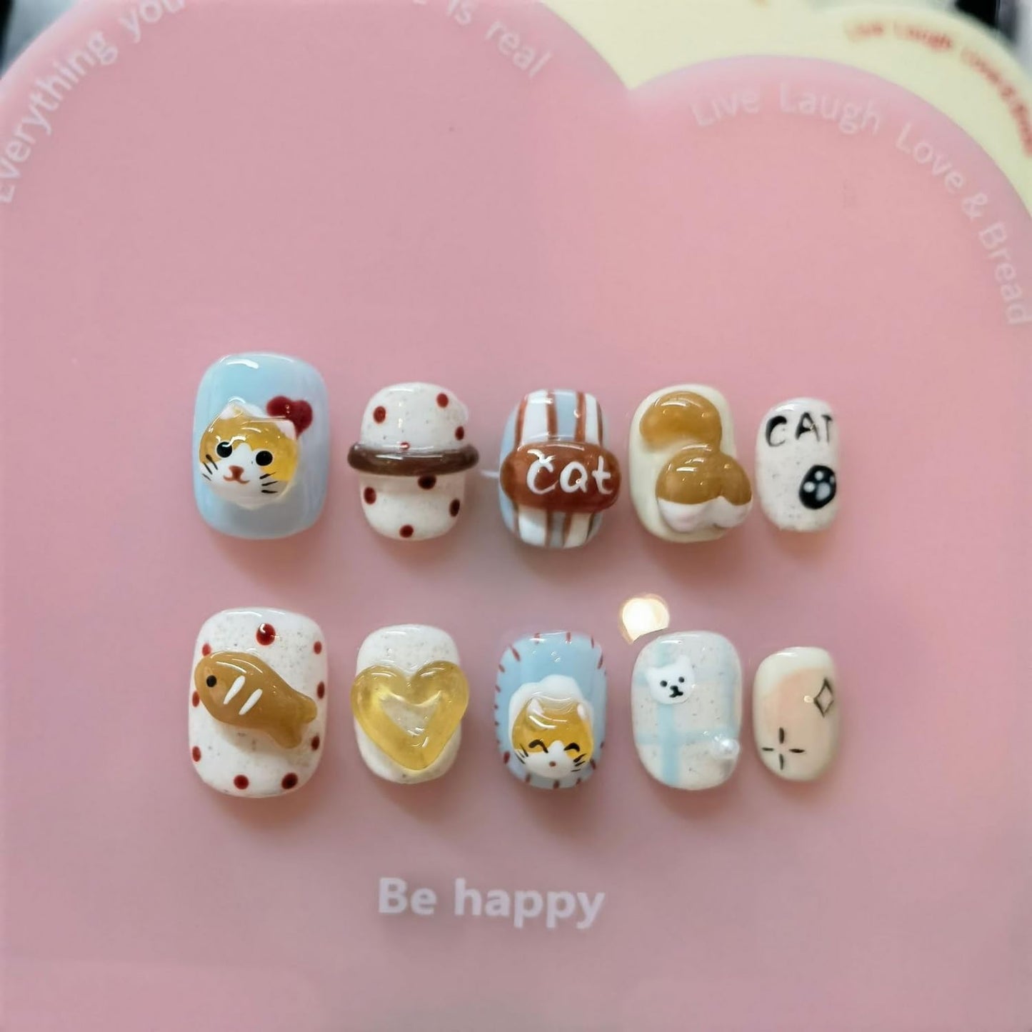 Cute Handmade Extra Short Press on Nails Square 3D Unique Reusable ABS Material Luxury Fake Nails Cat False Nails with Designs Fish Heart Art Glossy Glue on Nails Thick Acrylic Nails(S)