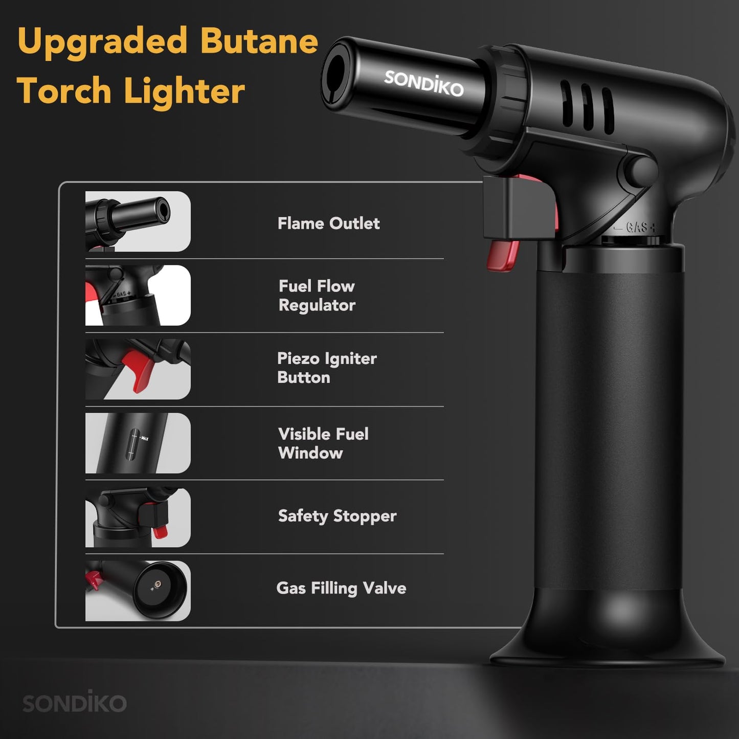 Sondiko Butane Torch Lighter with Visible Fuel Window, Refillable Soldering Torch with Adjustable Flame for Welding, Resin Art, Industrial(Butane Gas Not Included)