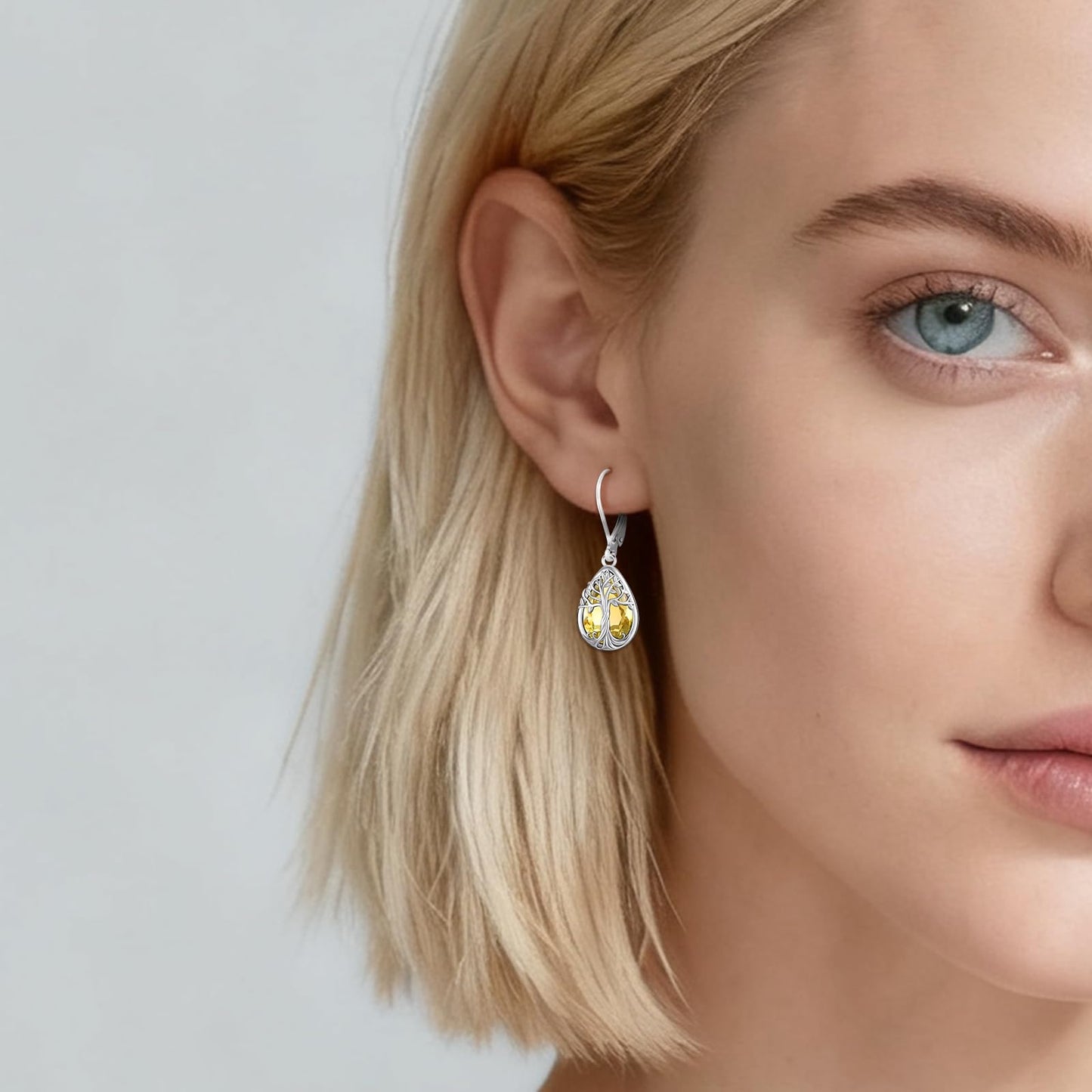 Eusense Tree of Life Dangle Citrine Earrings 925 Sterling Silver Teardrop Birthstone Earrings for Women Leverback Closure Tree of Life Jewelry Gift