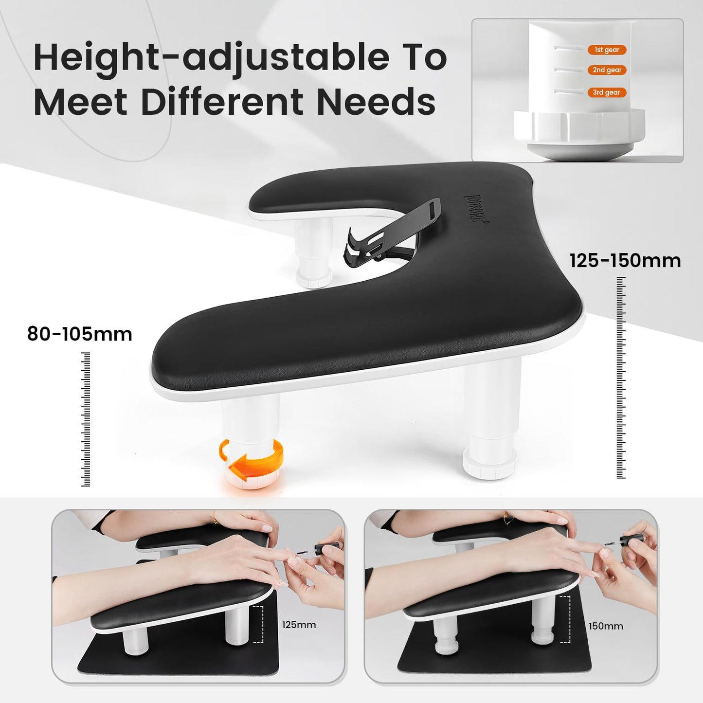 JODSONE U-Shaped Black Manicure Arm Rest for Nails Tech with Rotating 360°Built-In Phone Holder and Adjustable Nail Arm Rest Detachable Manicure Hand Rest for Salon Design (Includes Black Nail Mat)