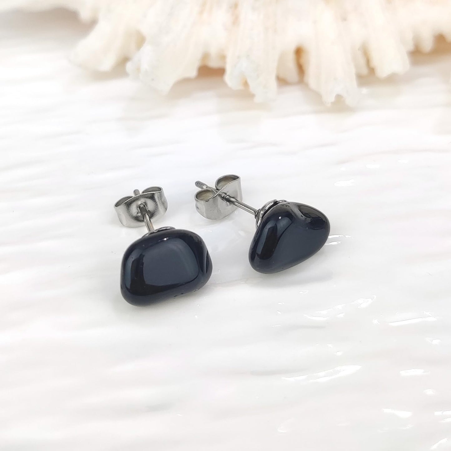 Obsidian Earrings, Healing Crystal Black Onyx Earrings with Hypoallergenic Stainless Steel, 8-12MM Natural Stone Black Stud Earrings for Women Men (Obsidian)