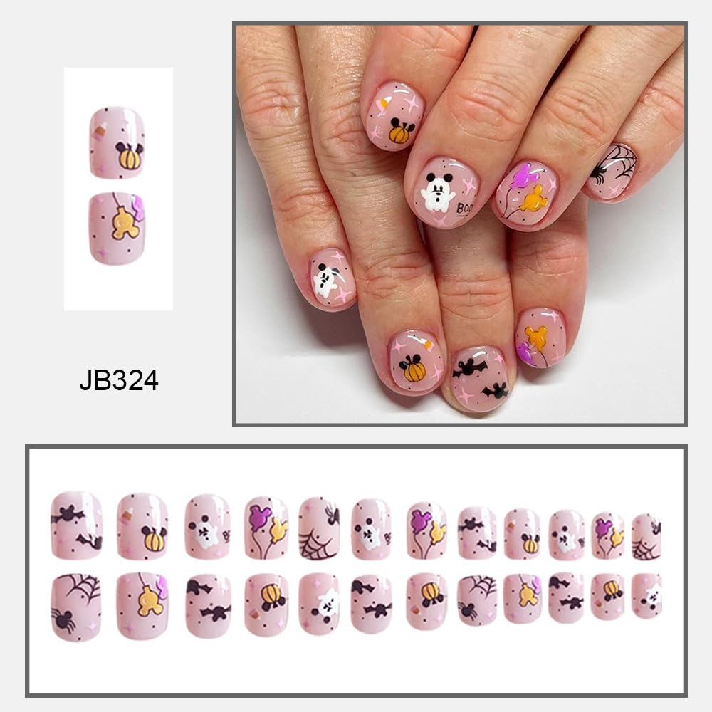 Halloween Press on Nails Short Round Fake Nails Cute Pink Acrylic Nails with Designs Ghost Spider Web False Nails Press ons Oval Glossy Glue on Nail for Women Girls 24Pcs