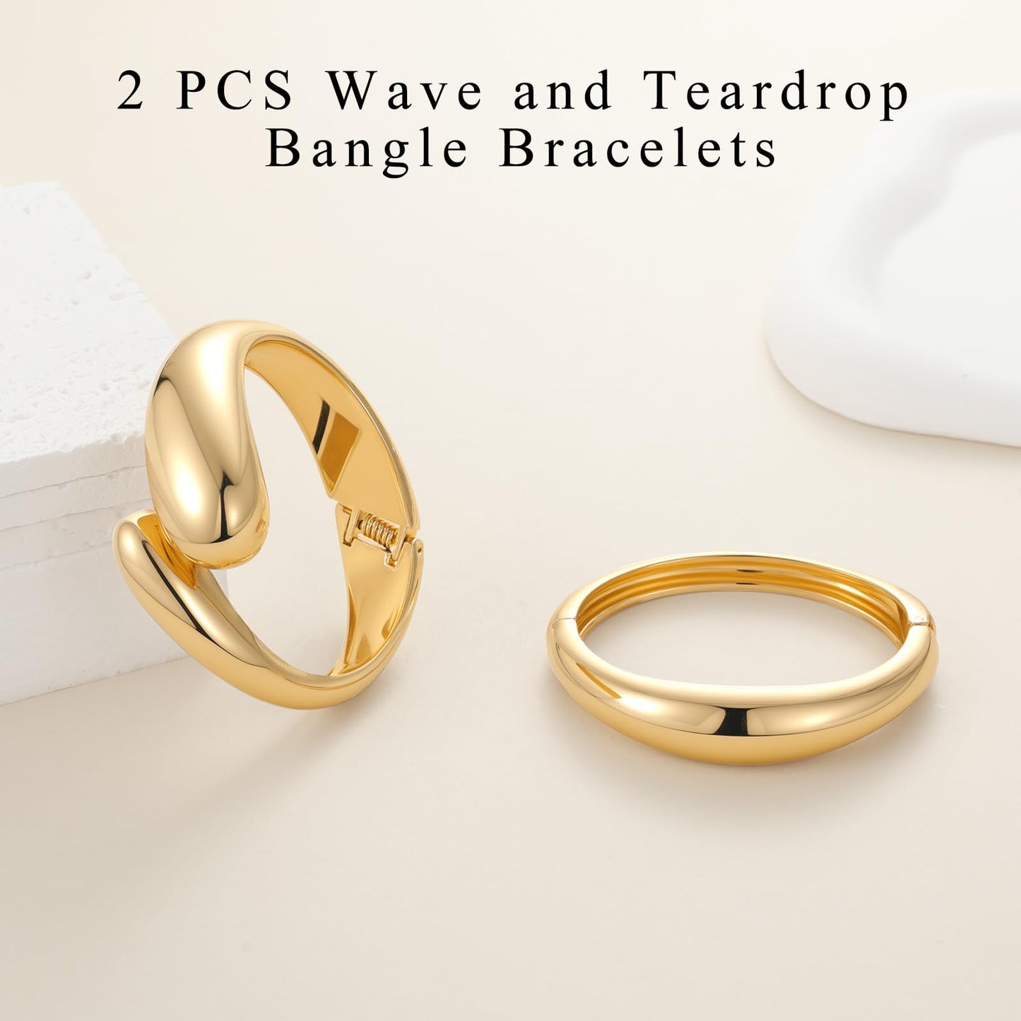 Yowivon Gold Bangles for Women, 2PCS Teardrop Chunky Gold Bracelet Set, Hinged Thin Wave Bangle Bracelets Stack for Women, Non Tarnish Wrist Cuff, Trendy Jewelry Gifts for Christmas Valentine Birthday