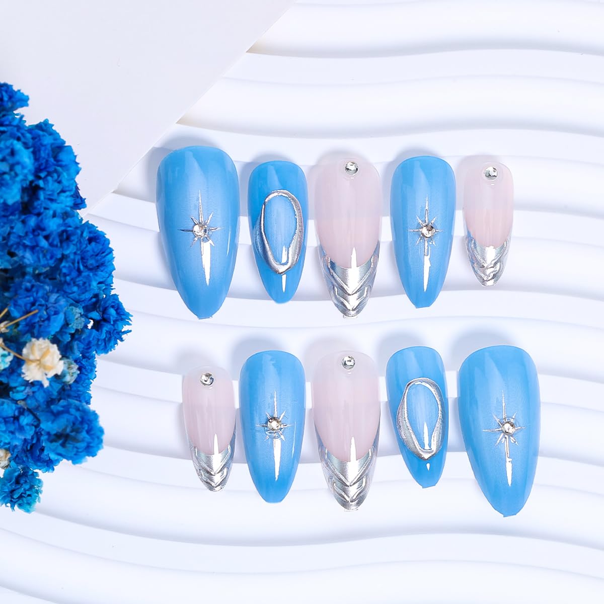 24Pcs Silver French Tip Press on Nails Medium Almond Fake Nails 3D Metallic Design Chrome Glue on Nails Y2k Star Acrylic Nails Gradient Blue Full Cover False Nails for Women Almond Artificial Nails