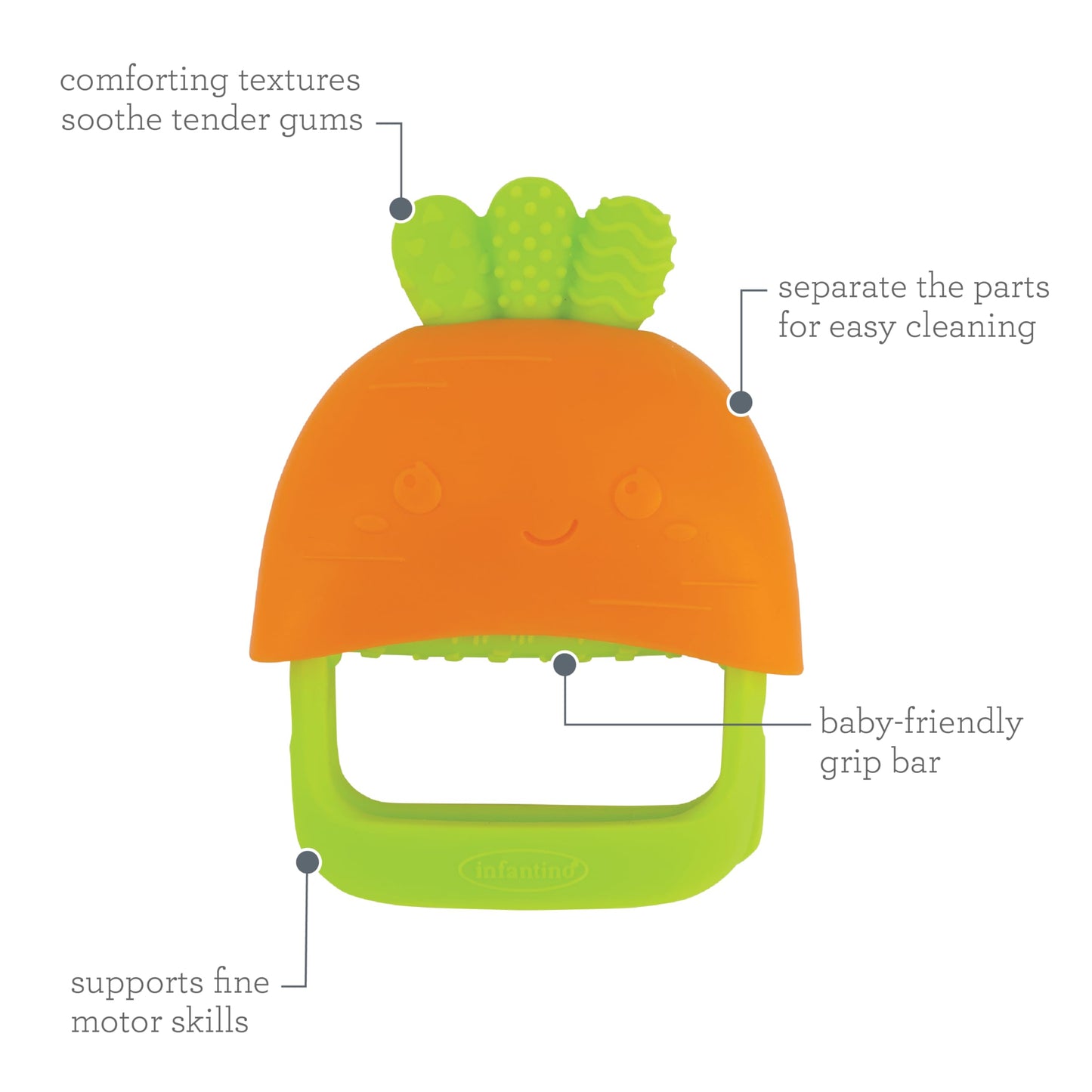 Infantino Handy Dandy Teething Mitt – Soft Silicone Teether for Babies, Develops Grasping Skills, Easy to Clean, Orange Carrot