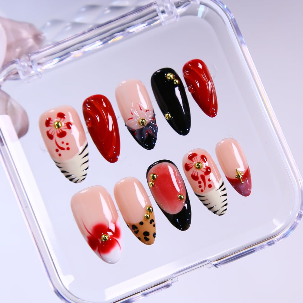 Press On Nails - MAGLFELL Handmade Almond French Fake Nails, Painting 3D Floral Design, Reusable Artificial False Nails for Women 15 Sizes - 30Pcs Stick On Nails Kit