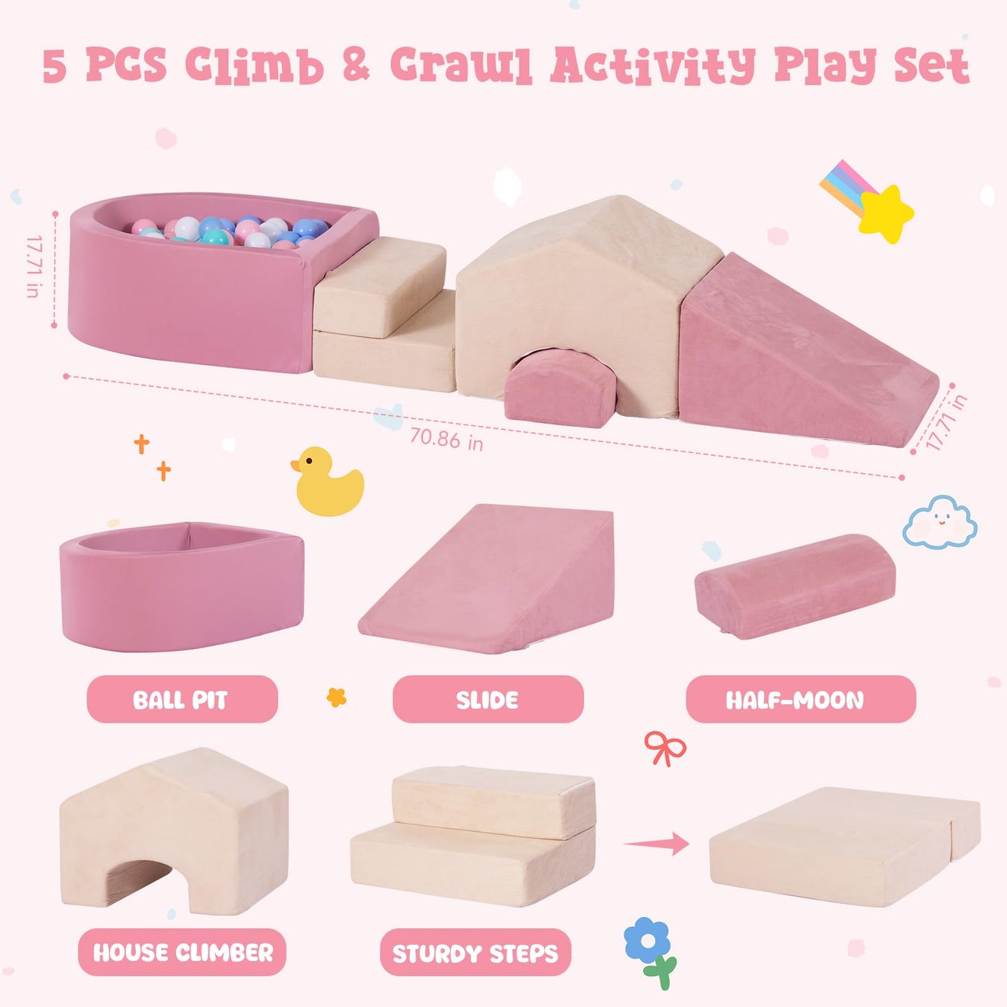 STAOLENE Soft Foam Climbing Blocks for Toddlers 1-3, 5PCS Toddler Climbing Toys, Baby Foam Climbing Blocks, Indoor Climb and Crawl Activity Play Set(Balls Not Included)