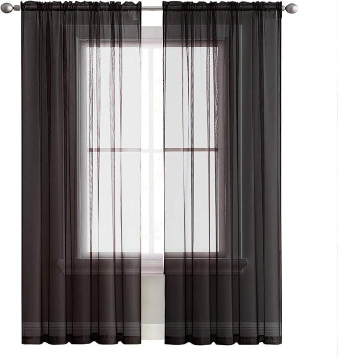 SpaceDresser Sheer Voile Window Treatment Rod Pocket Curtain Panels for Kitchen Bedroom Living Room Drapes Sunlight Filtering Privacy Semi Home Decor Assorted (Black, 52 W x 84 L)