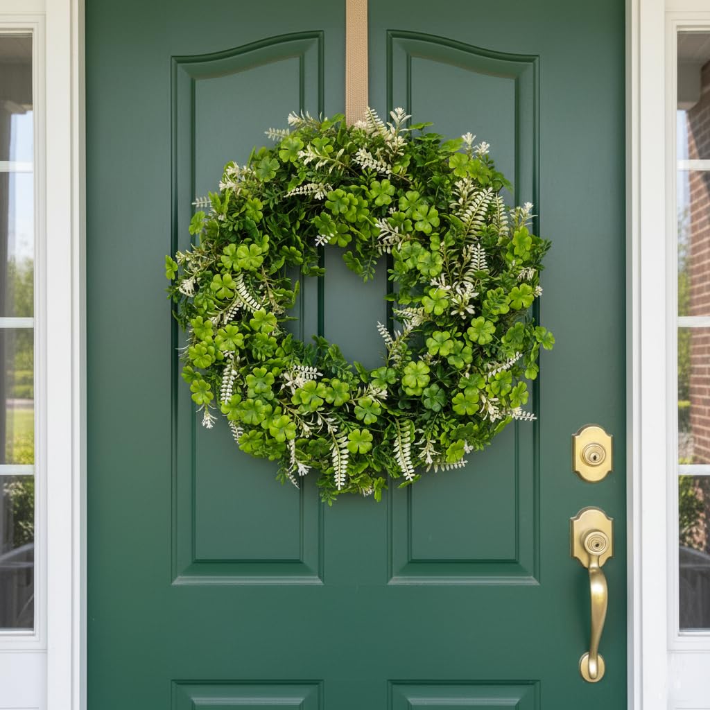 Erizhaltic 20" Artificial Green Leaf Wreath with 10 Detachable Seasonal Signs & Lights - Lush Boxwood Spring Wreath for Front Door, Includes Hanger & Bow - All-in-One DIY Floral Kit Home Decor