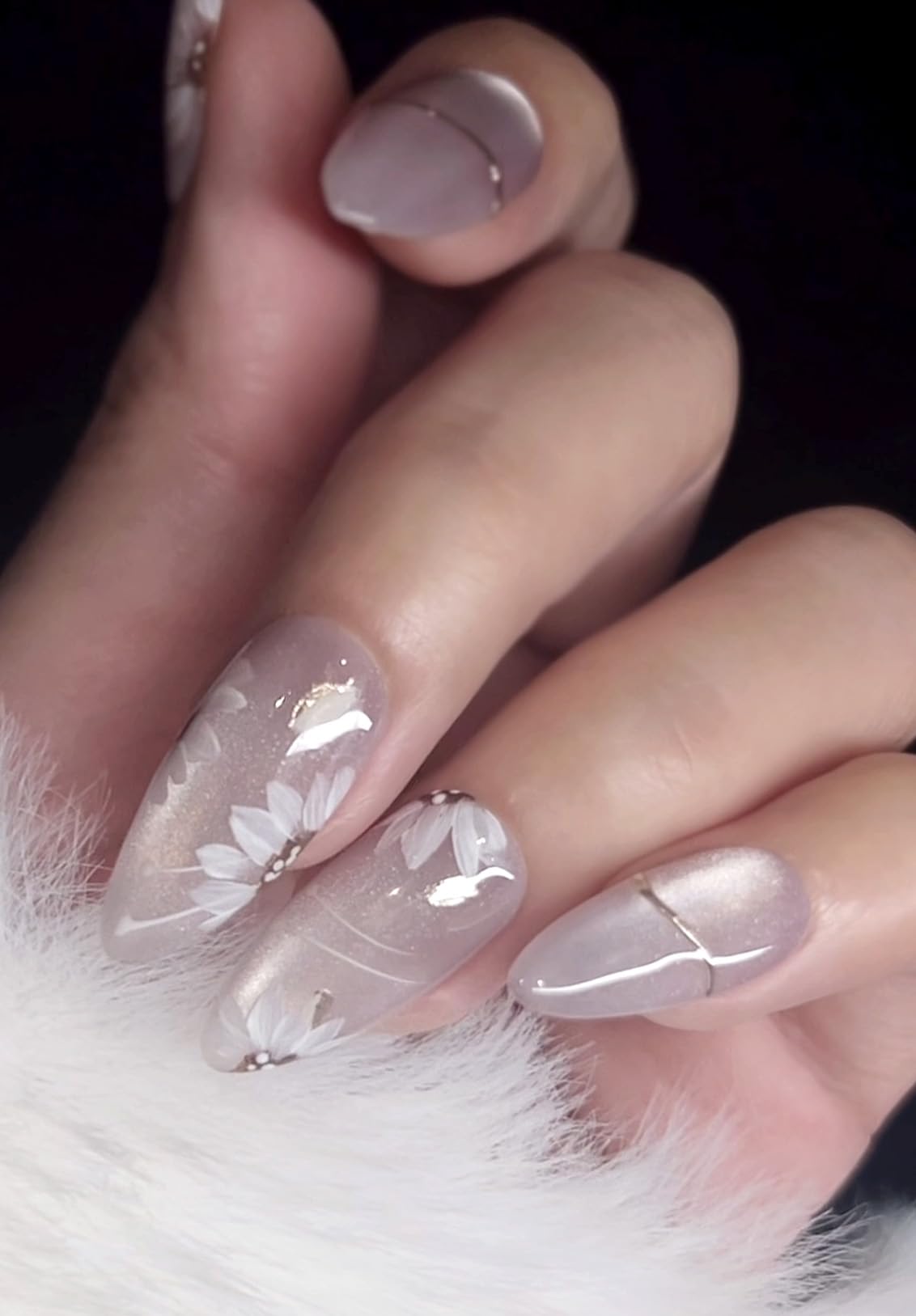 Handmade Press On Nails impress Fake Nails Medium Almond pruple white Ice flowers Hand Painting Crystal Manicure False press ons Nail Artificial (S size)