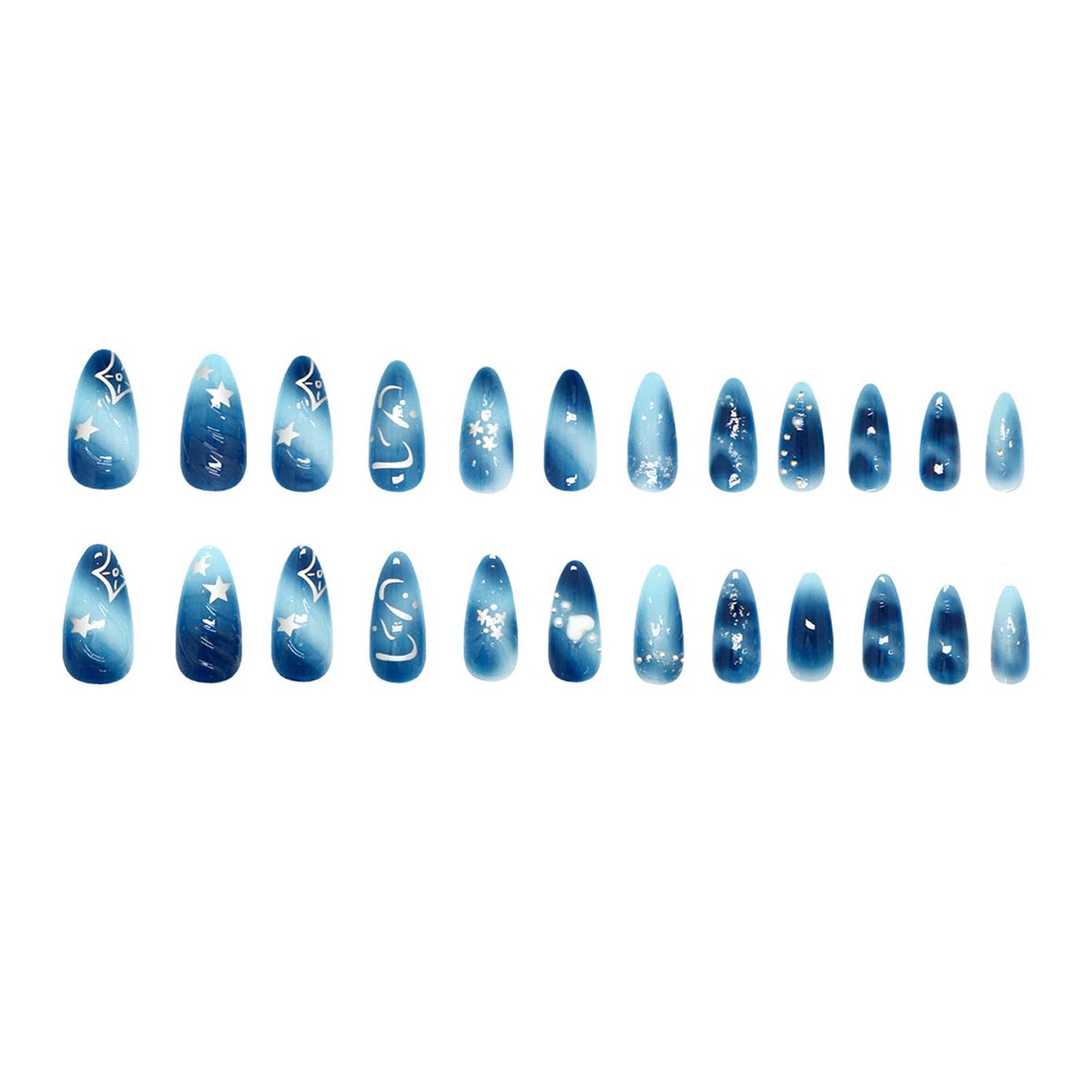 24Pcs Blue Press on Nails Medium Almond Glossy Fake Nails with 3D Wave Heart Pearl Star Sparkle Pattern Cute False Nail French Nails Full Cover Artificial Glue on Nail Handmade Stick on Nail for Women