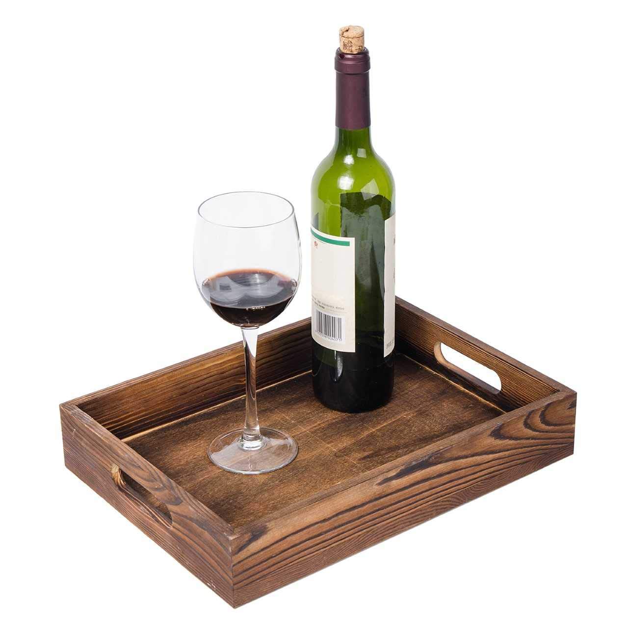 ExoLiry Rustic Brown Wood Food Serving Tray Cutout Handles Breakfast in Bed Coffee Wine Rectangular Ottoman Nesting Crate Tabletop Storage Box Desktop Document Holder Party Office Home Kitchen