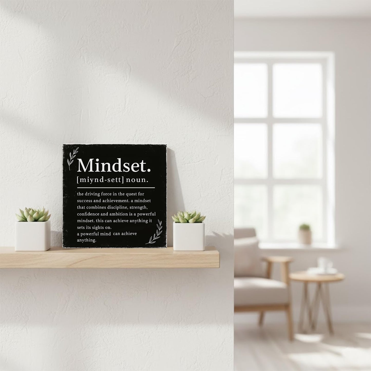 Mindset Definition Wood Box Sign - Inspirational Quote Decor for Desk and Shelf - Motivational Growth Mindset Block for Home Office, 5x5 Inch(Black)