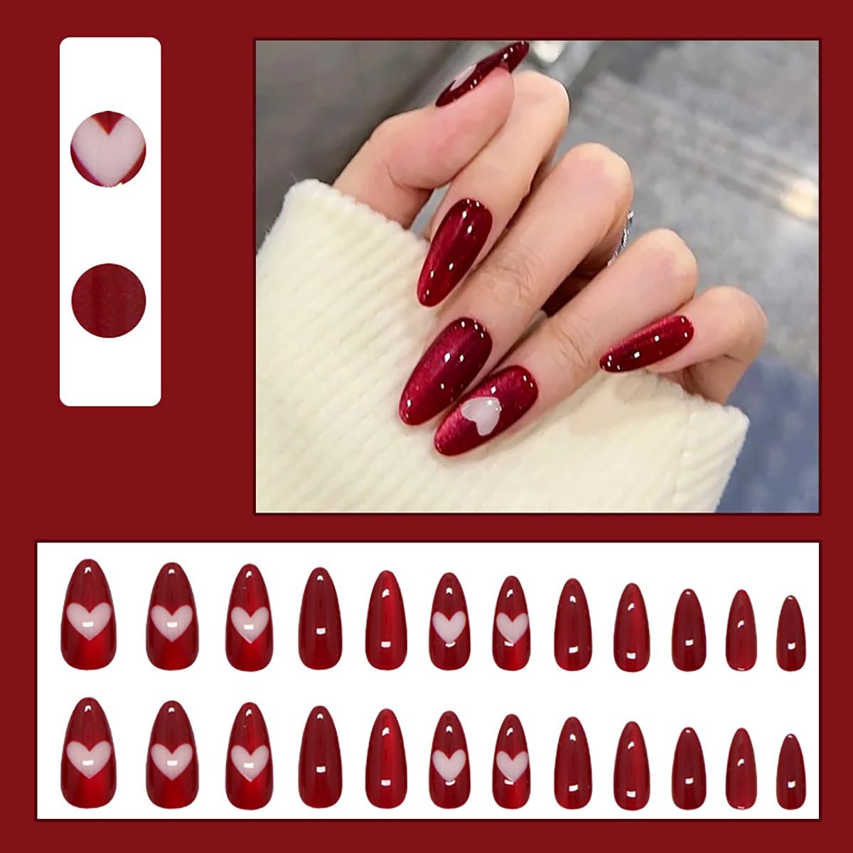 Red Press on Nails Medium Almond Reusable Fake Nails with Glue Pink Heart Stick on Nails Full Cover Glossy False Nails for Women DIY Manicure Decoration, 24PCS
