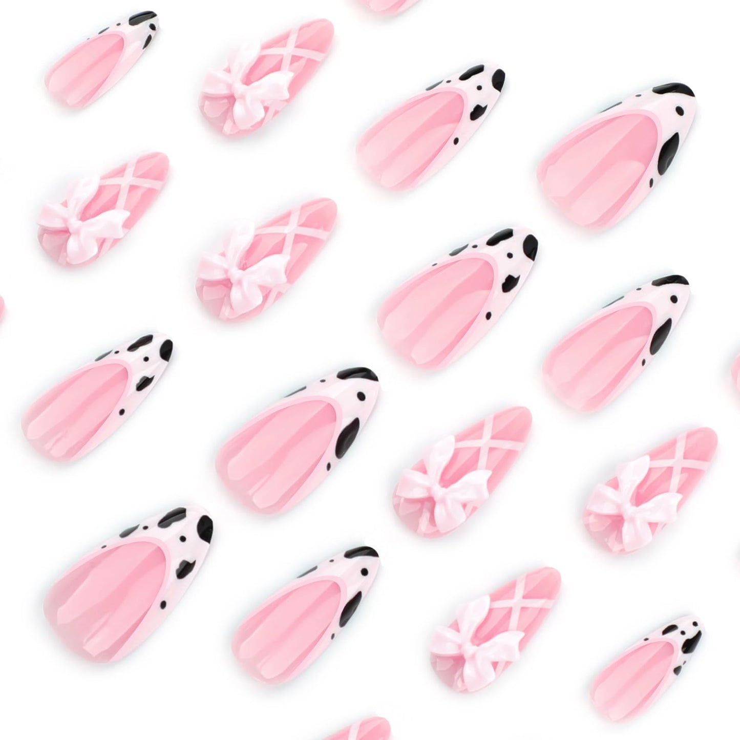 24 Pcs Pink Almond Press on Nails Short Medium Fake Nails with Glue, Reusable Press on Nails Acrylic Artificial Nails, Cute French Tip False Nails with Bow Cow Pattern Design Almond Nails for Women