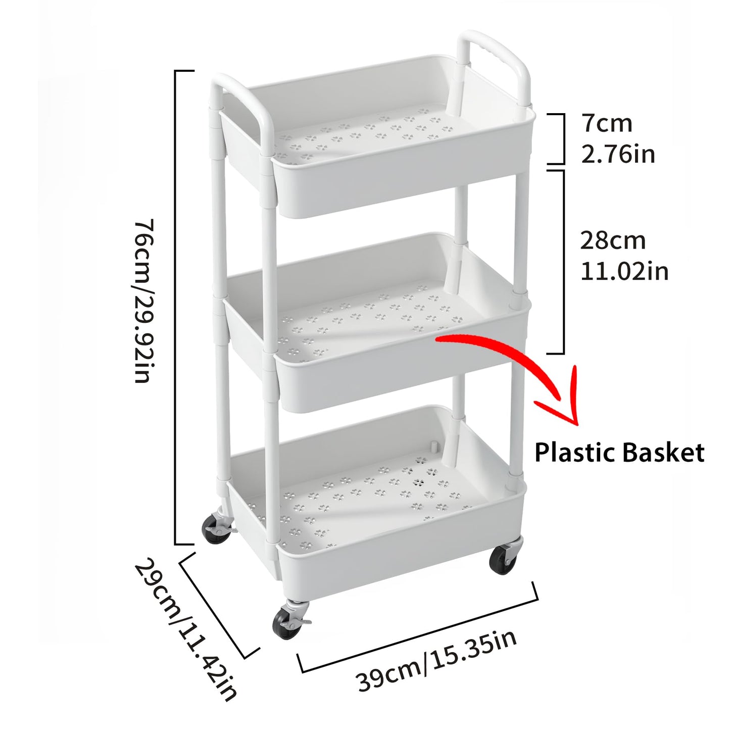 Sywhitta 3-Tier Plastic Rolling Utility Cart with Handle, Multi-Functional Storage Trolley for Office, Living Room, Kitchen, Movable Storage Organizer with Wheels, White