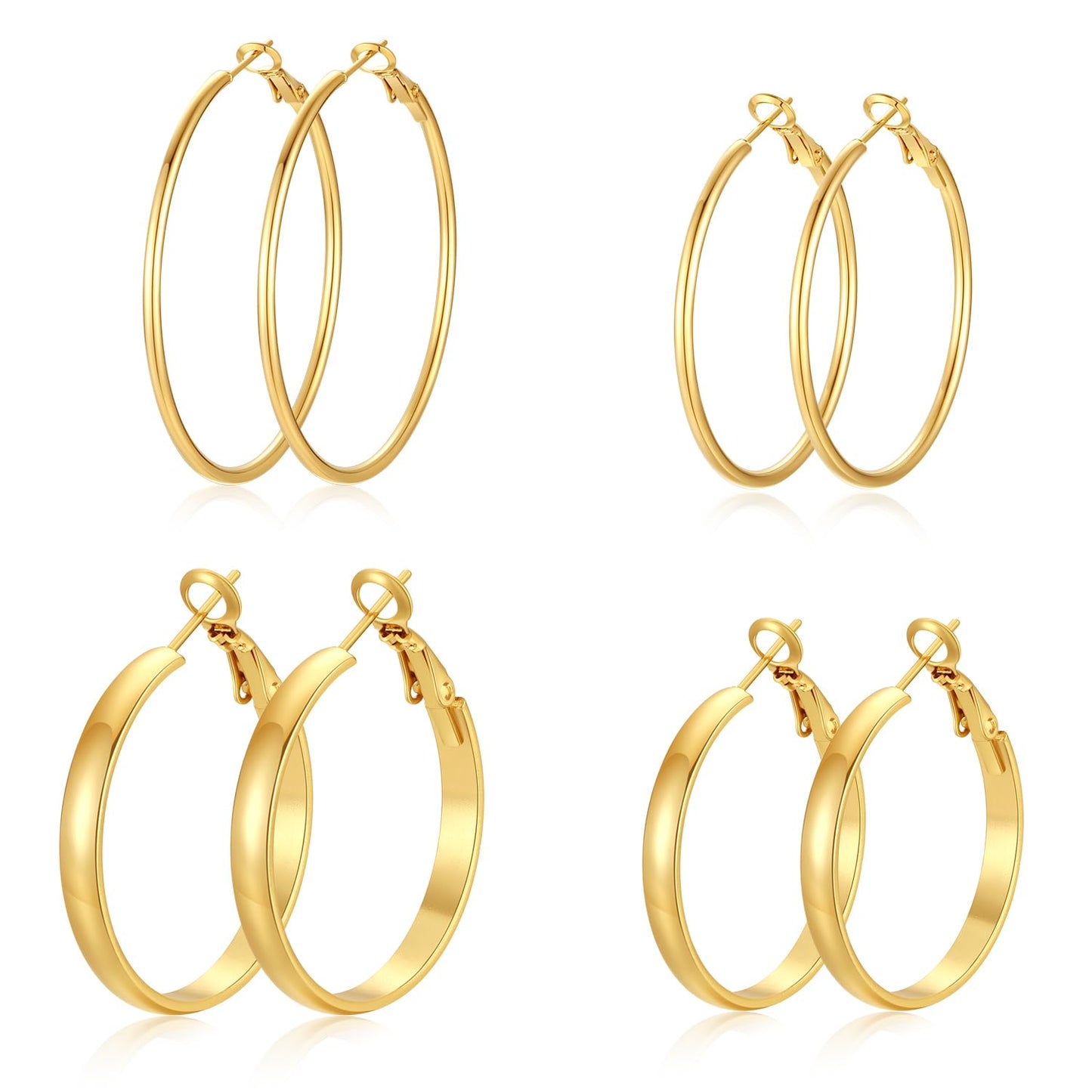 PICKBEAU Chunky Gold Hoop Earrings for Women | 14K Plated Hypoallergenic 4mm Wide & Thin Big Round Circle Hoops Stainless Steel Womens Loop Dangle Earrings Set (30/40mm)